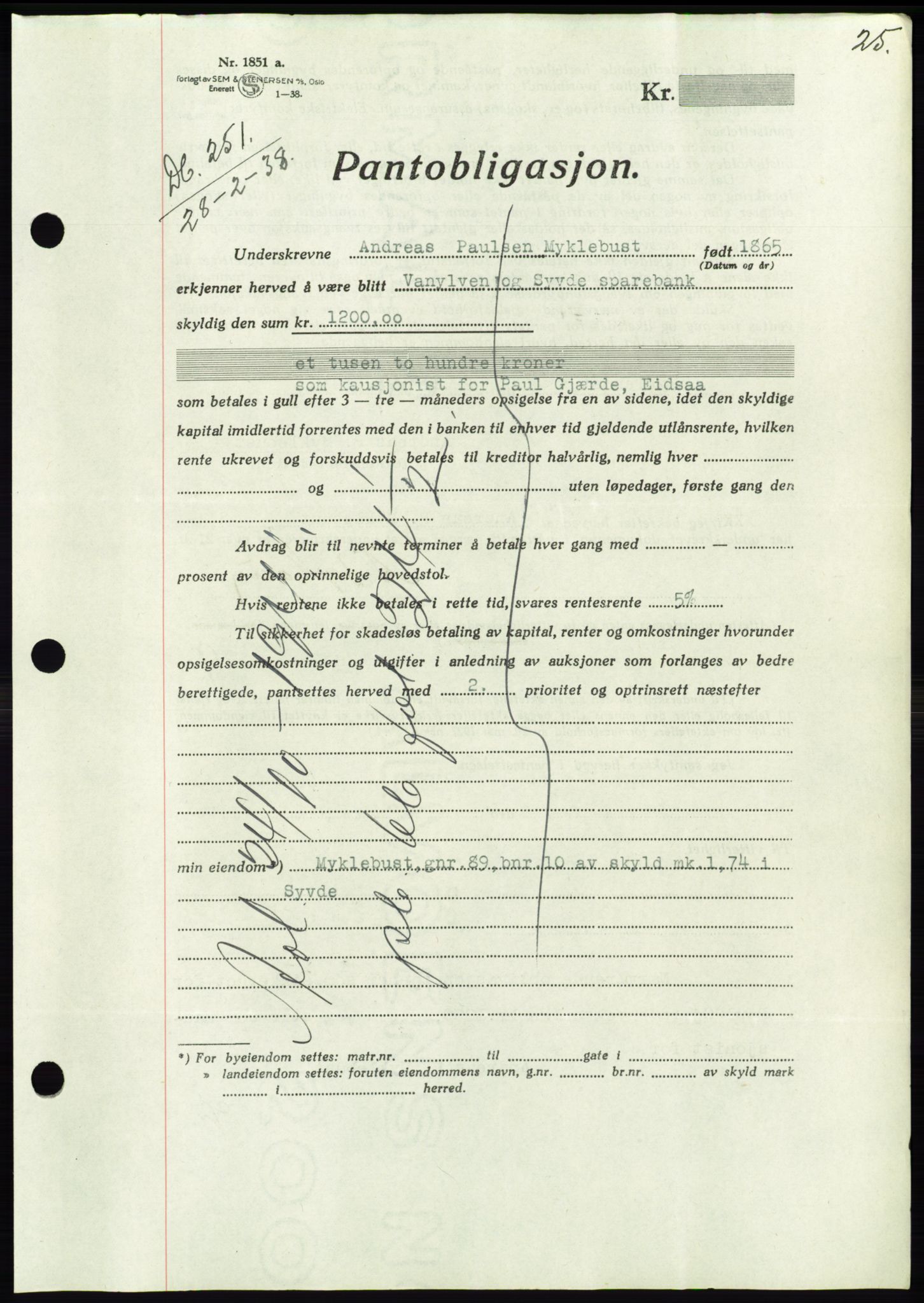 Søre Sunnmøre sorenskriveri, AV/SAT-A-4122/1/2/2C/L0065: Mortgage book no. 59, 1938-1938, Diary no: : 251/1938