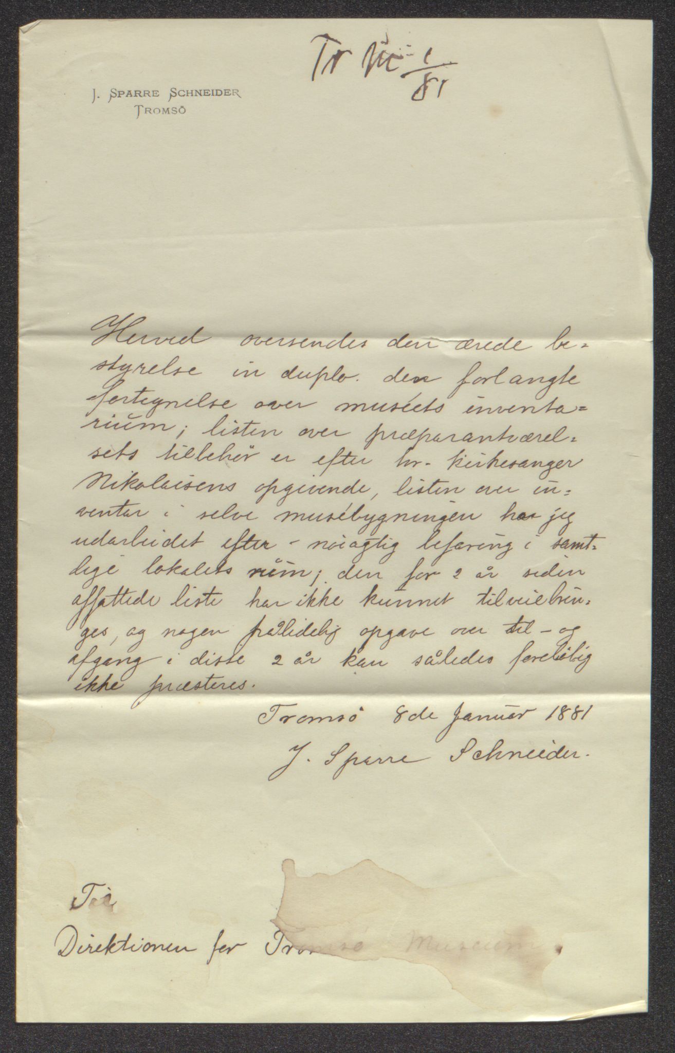 Tromsø Museum, AV/SATØ-S-0162/D/Db/L0033: Journalsaker og innkomne brev, 1879-1882, p. 339