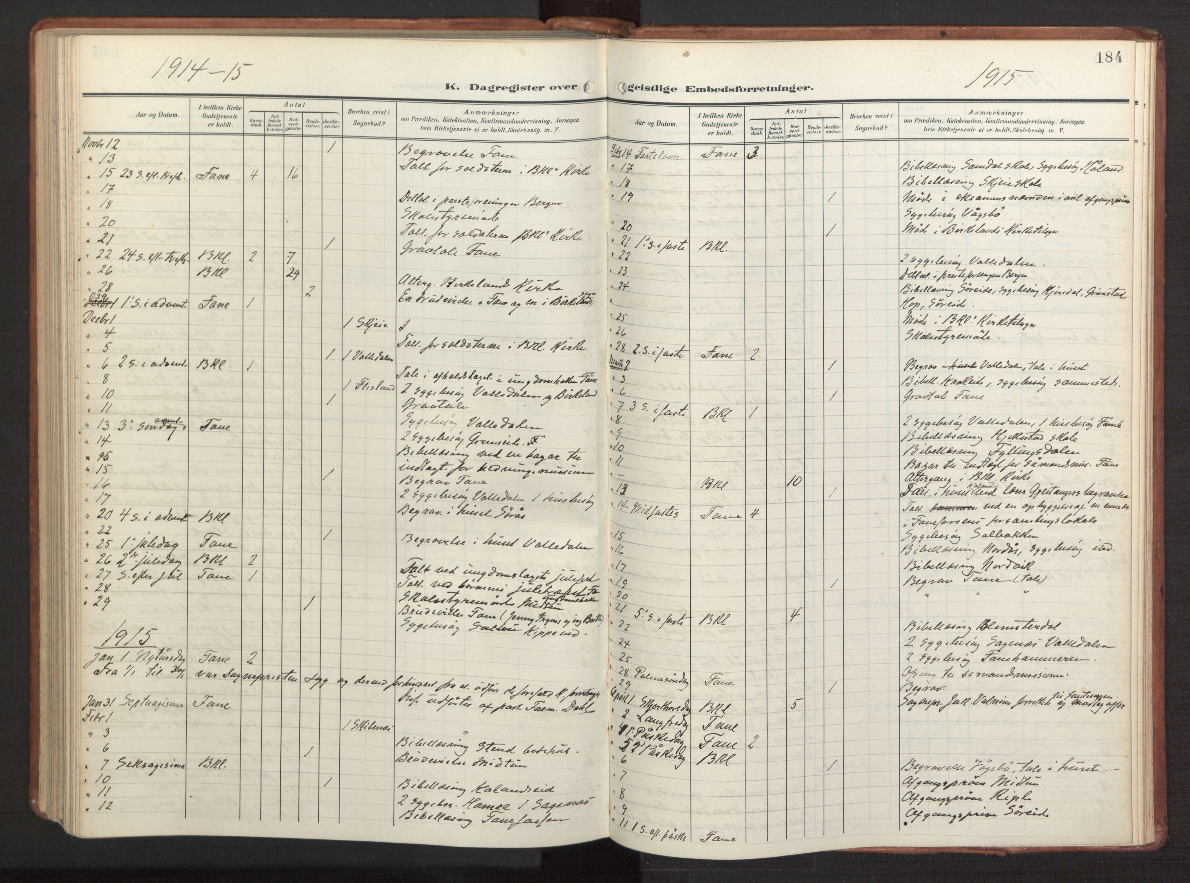 Fana Sokneprestembete, AV/SAB-A-75101/H/Haa/Haab/L0004: Parish register (official) no. B 4, 1908-1915, p. 184