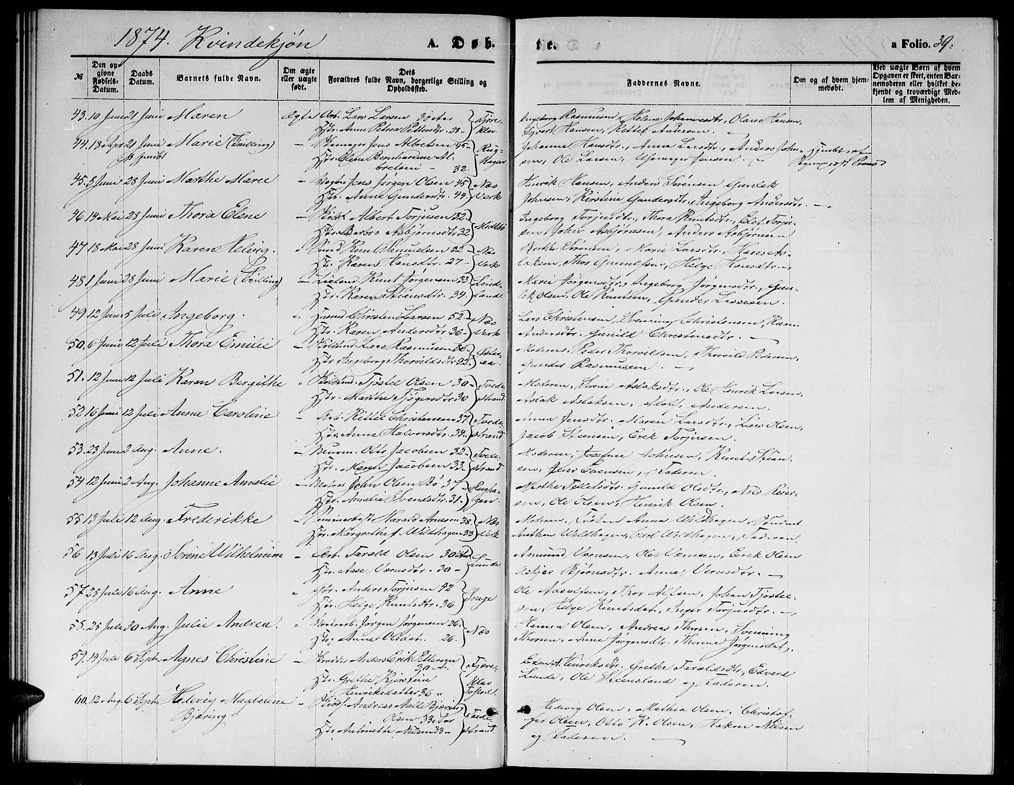 Holt sokneprestkontor, AV/SAK-1111-0021/F/Fb/L0009: Parish register (copy) no. B 9, 1871-1883, p. 39