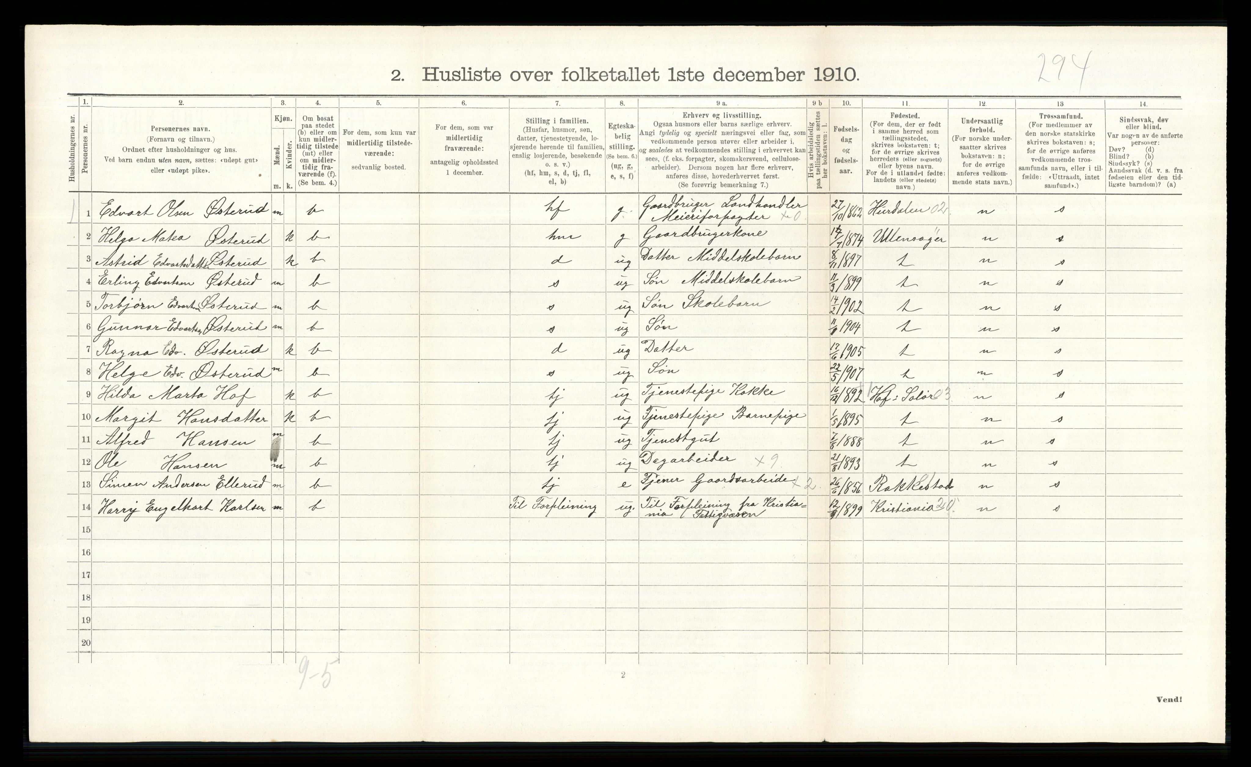 RA, 1910 census for Nes, 1910, p. 645