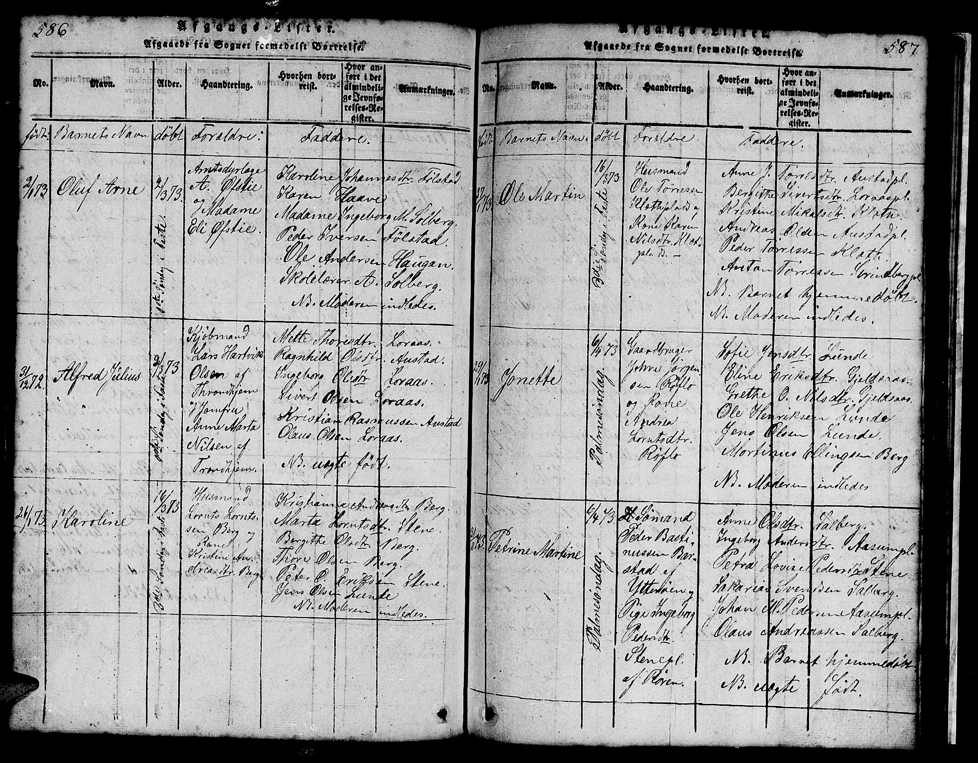 Ministerialprotokoller, klokkerbøker og fødselsregistre - Nord-Trøndelag, AV/SAT-A-1458/731/L0310: Parish register (copy) no. 731C01, 1816-1874, p. 586-587