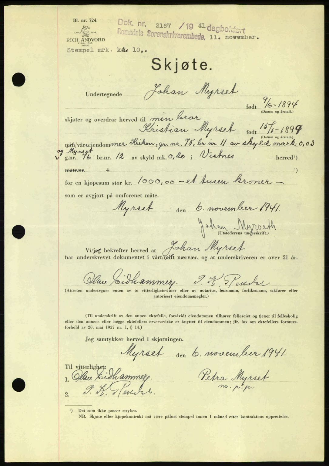 Romsdal sorenskriveri, AV/SAT-A-4149/1/2/2C: Mortgage book no. A11, 1941-1942, Diary no: : 2167/1941