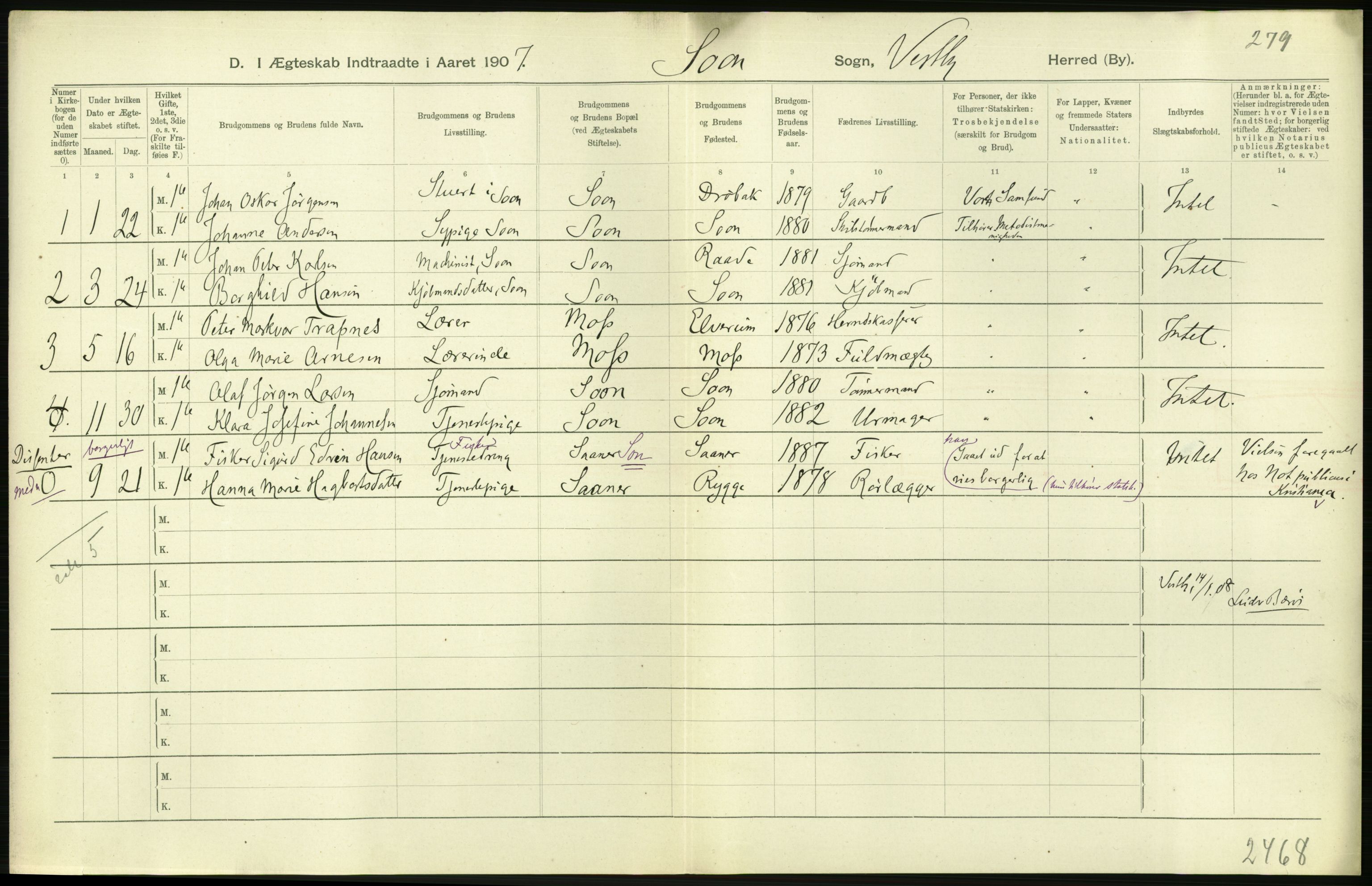 Statistisk sentralbyrå, Sosiodemografiske emner, Befolkning, RA/S-2228/D/Df/Dfa/Dfae/L0005: Akershus amt: Gifte, døde. Bygder og byer., 1907, p. 180