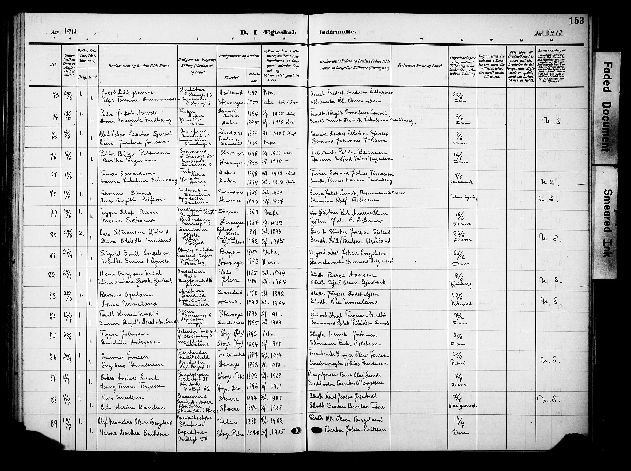 Domkirken sokneprestkontor, SAST/A-101812/001/30/30BB/L0017: Parish register (copy) no. B 17, 1902-1921, p. 153