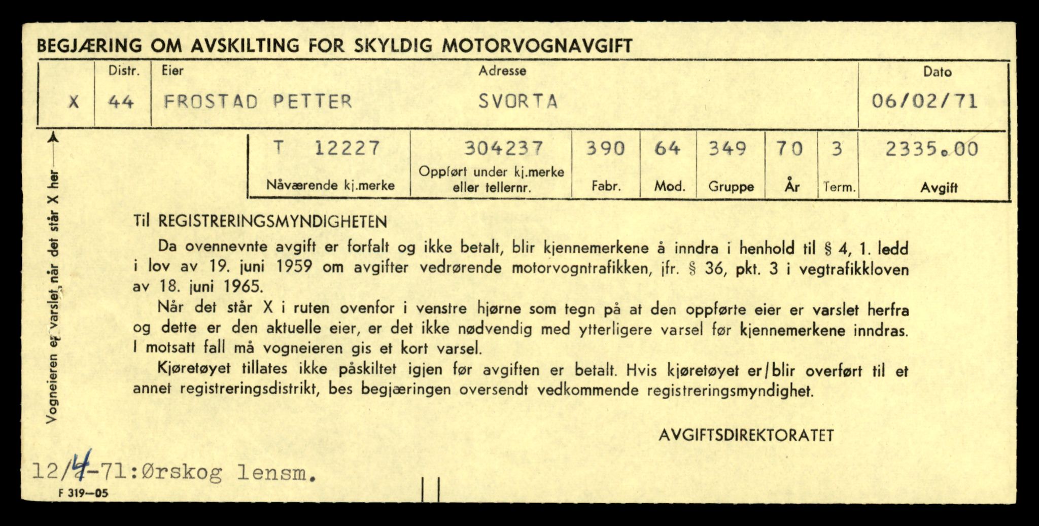 Møre og Romsdal vegkontor - Ålesund trafikkstasjon, AV/SAT-A-4099/F/Fe/L0033: Registreringskort for kjøretøy T 12151 - T 12474, 1927-1998, p. 1977