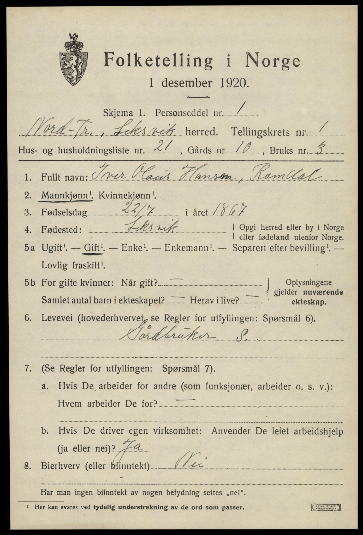 SAT, 1920 census for Leksvik, 1920, p. 1386