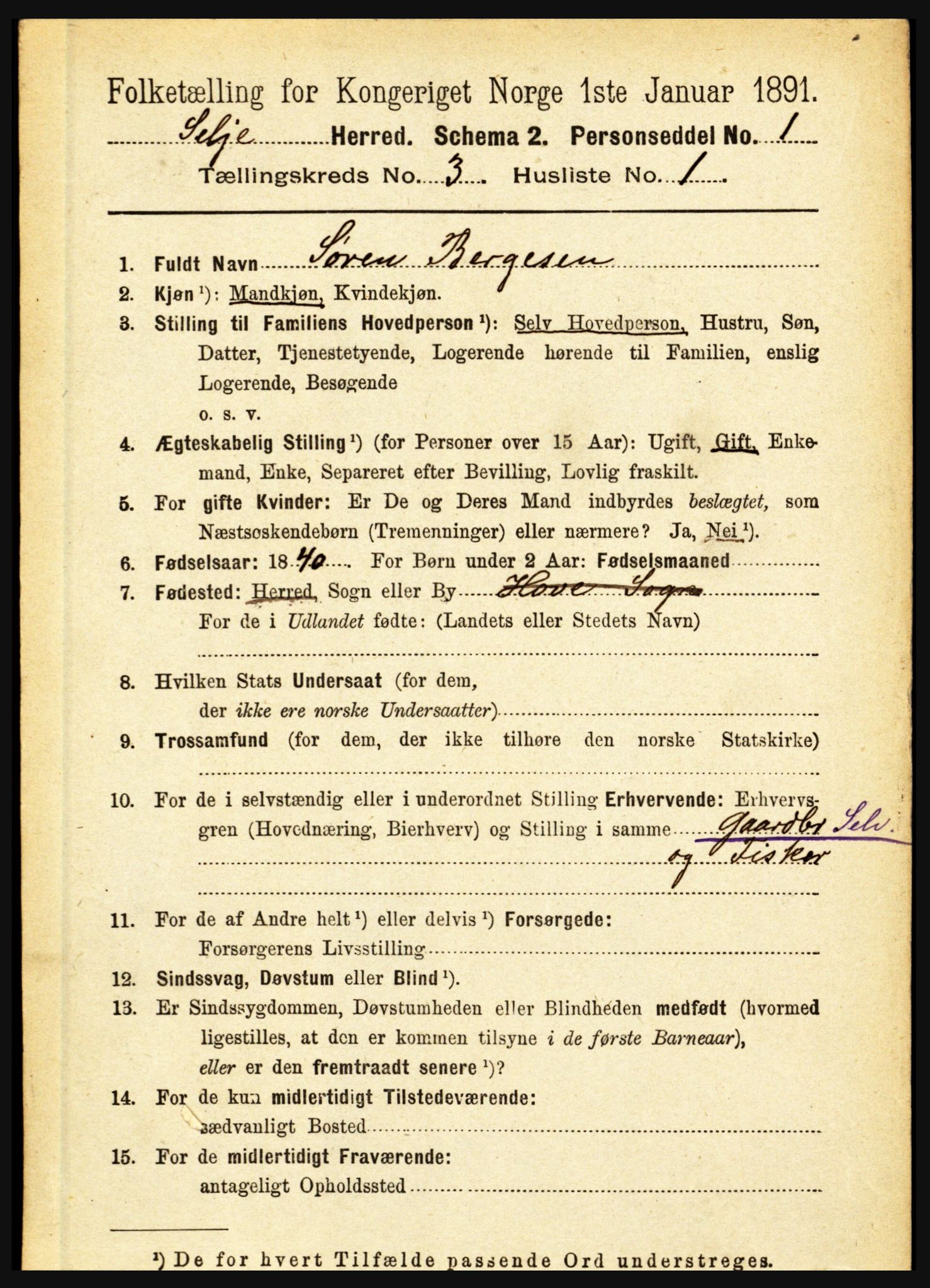 RA, 1891 census for 1441 Selje, 1891, p. 637