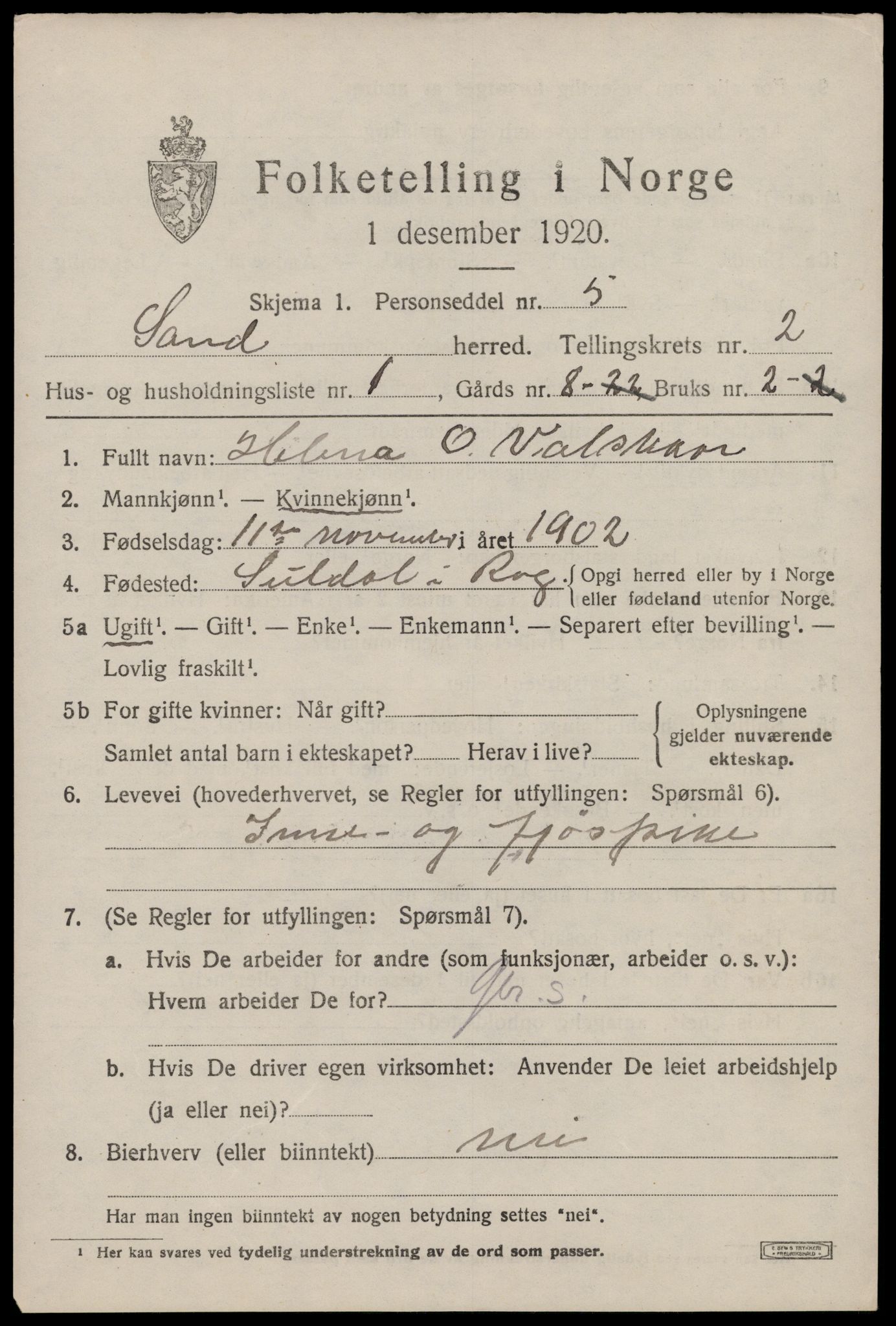 SAST, 1920 census for Sand, 1920, p. 797