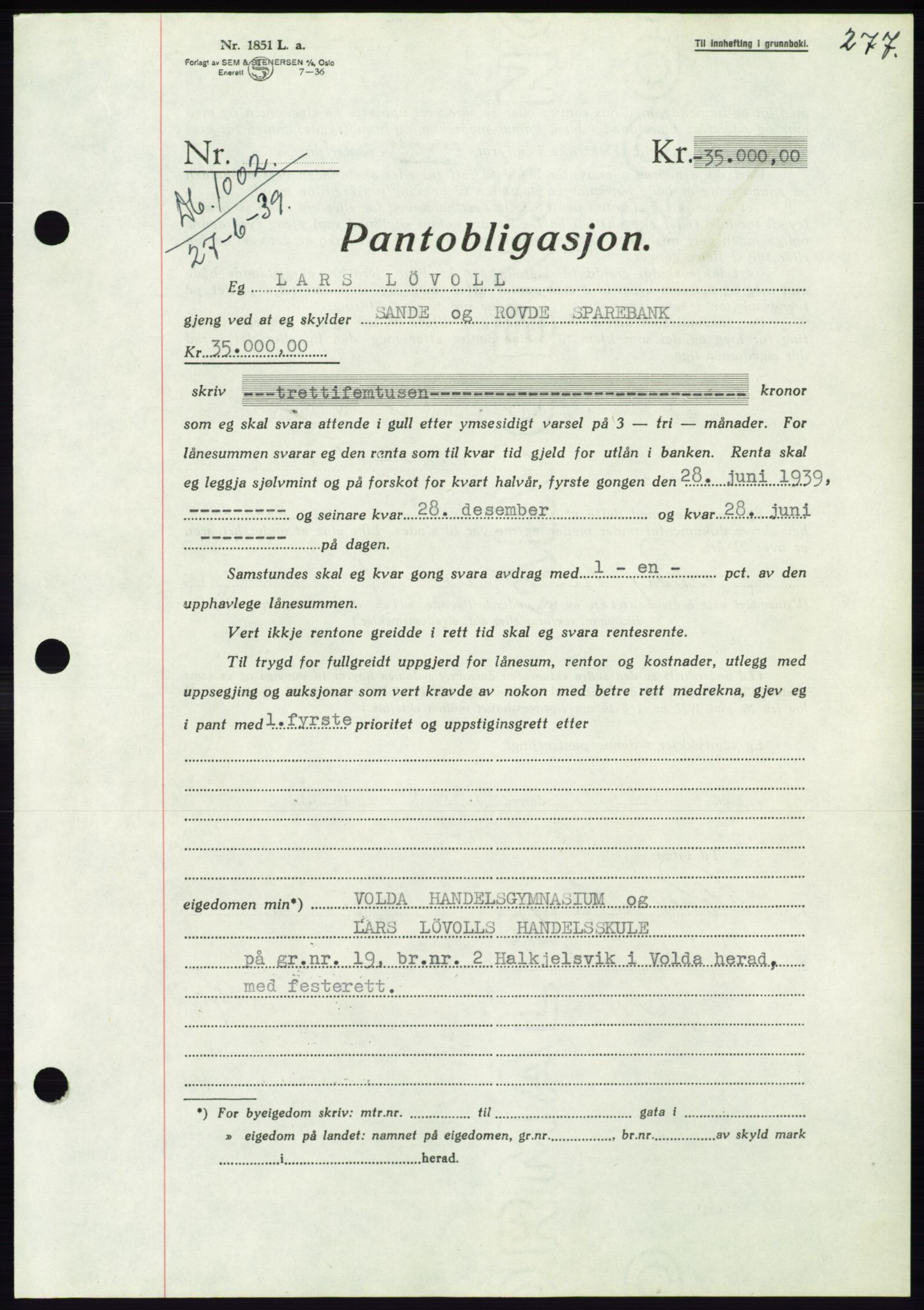 Søre Sunnmøre sorenskriveri, AV/SAT-A-4122/1/2/2C/L0068: Mortgage book no. 62, 1939-1939, Diary no: : 1002/1939