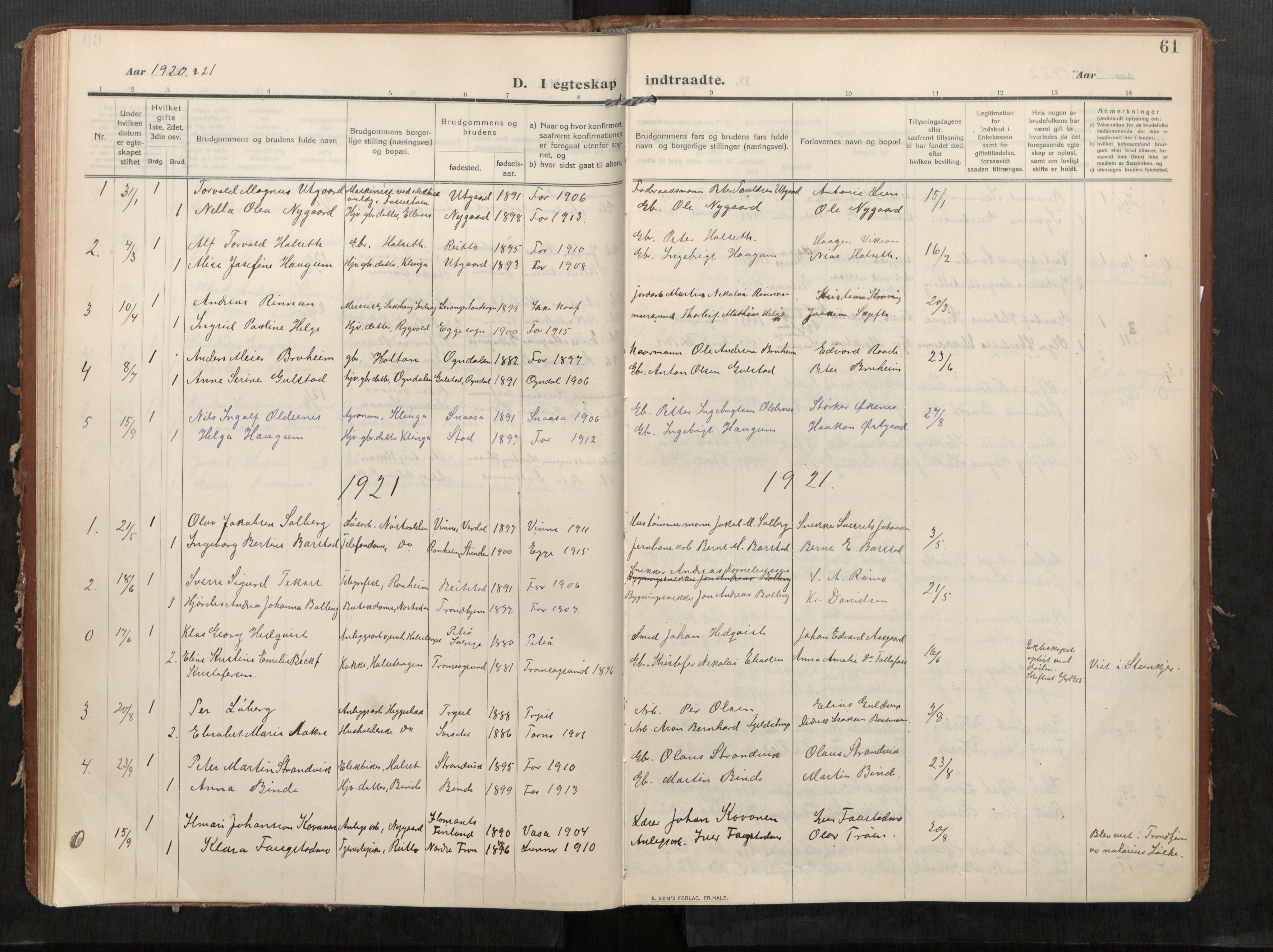 Stod sokneprestkontor, AV/SAT-A-1164/1/I/I1/I1a/L0002: Parish register (official) no. 2, 1909-1922, p. 61