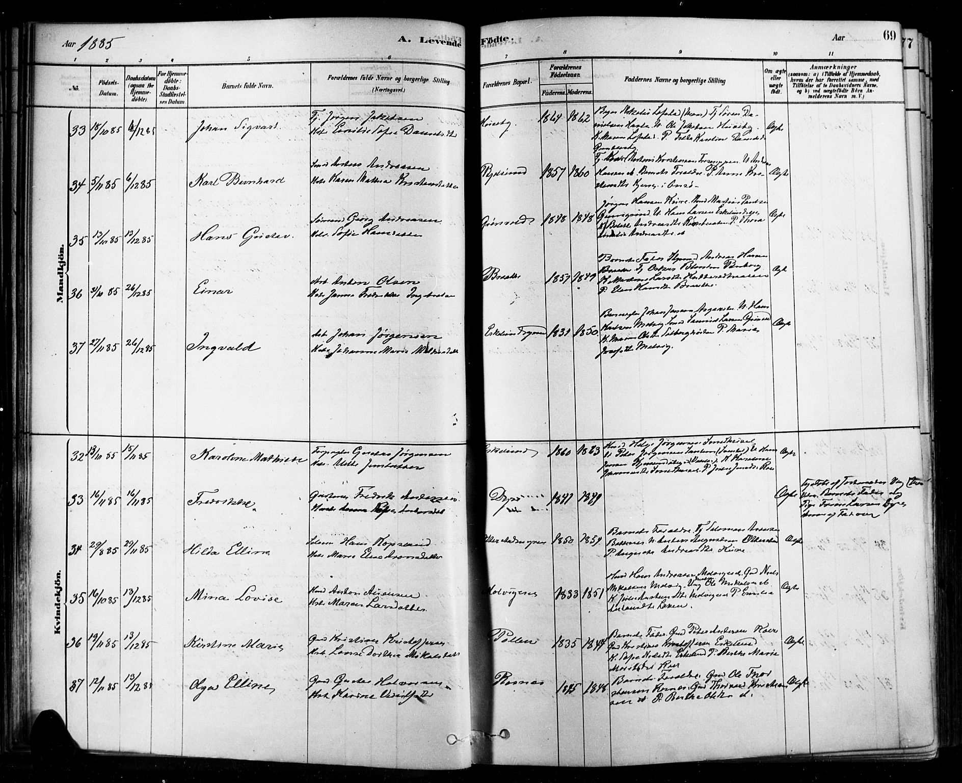 Rygge prestekontor Kirkebøker, SAO/A-10084b/F/Fa/L0007: Parish register (official) no. 7, 1878-1904, p. 69