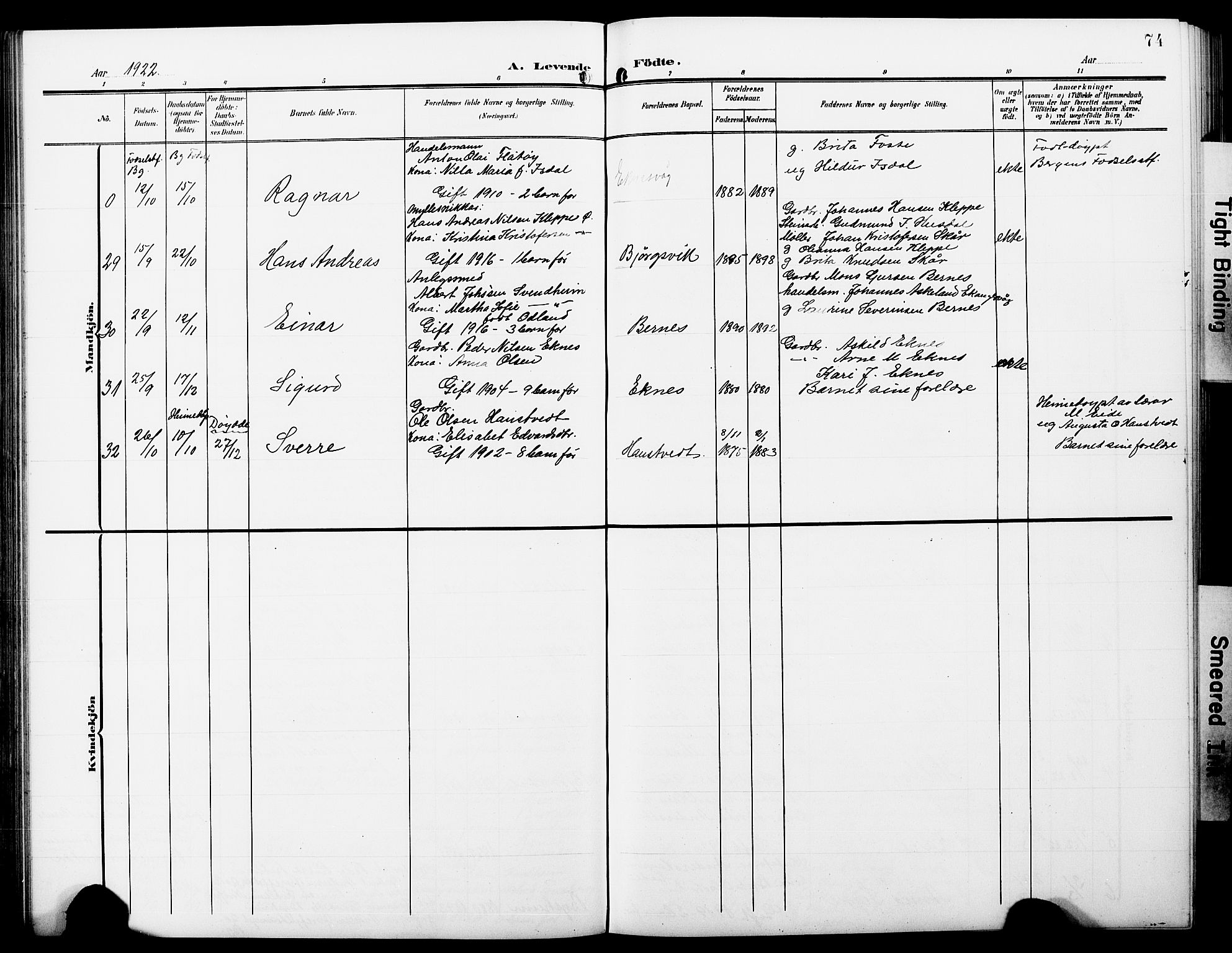 Hosanger sokneprestembete, AV/SAB-A-75801/H/Hab: Parish register (copy) no. A 4, 1904-1927, p. 74