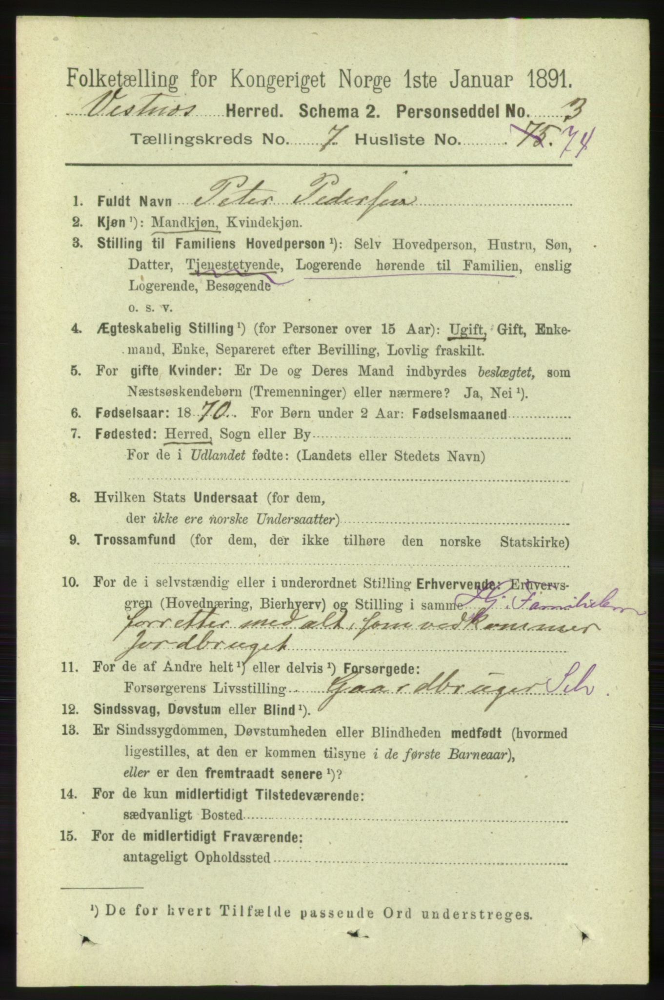 RA, 1891 census for 1535 Vestnes, 1891, p. 3115