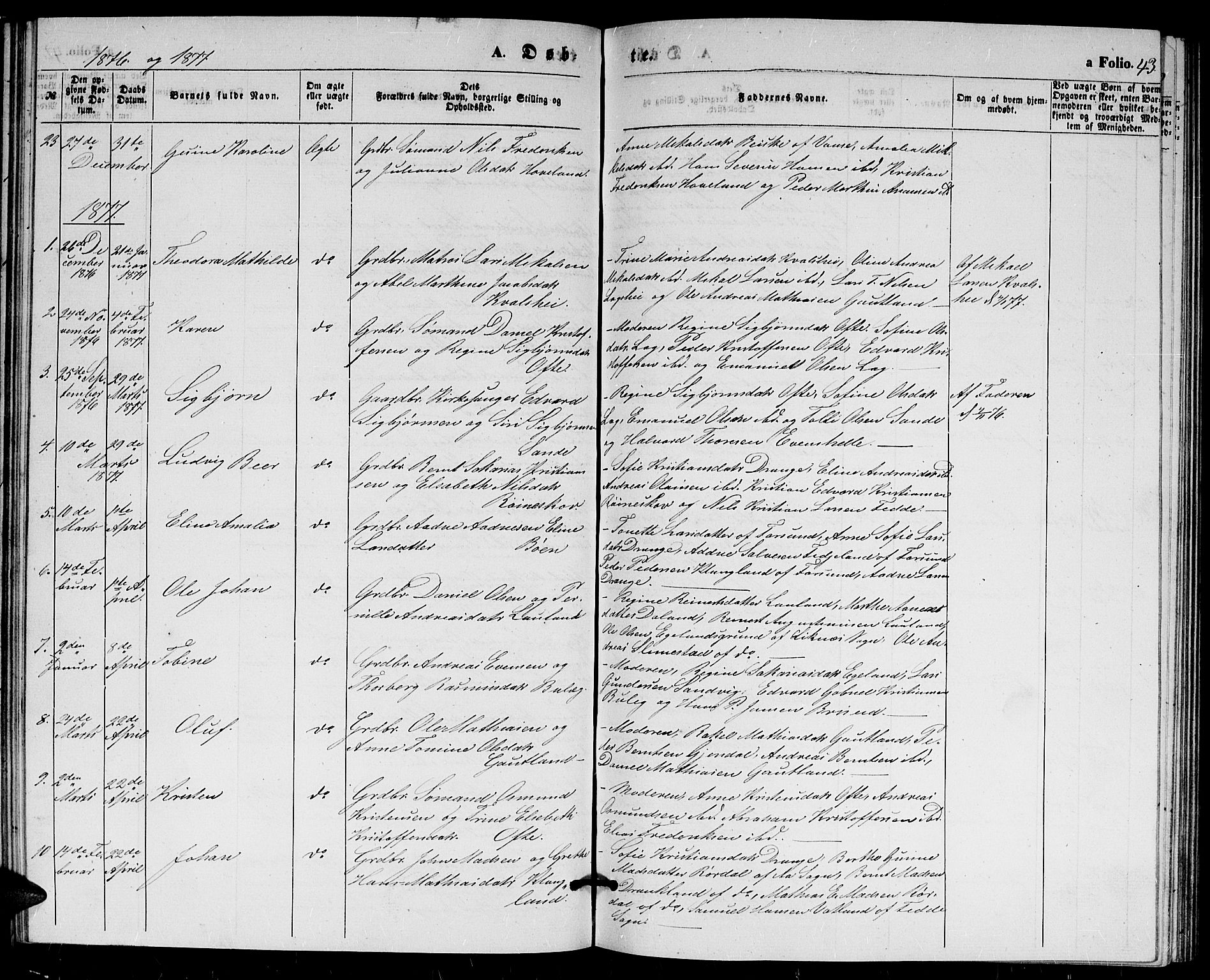 Herad sokneprestkontor, AV/SAK-1111-0018/F/Fb/Fba/L0003: Parish register (copy) no. B 3, 1863-1883, p. 43