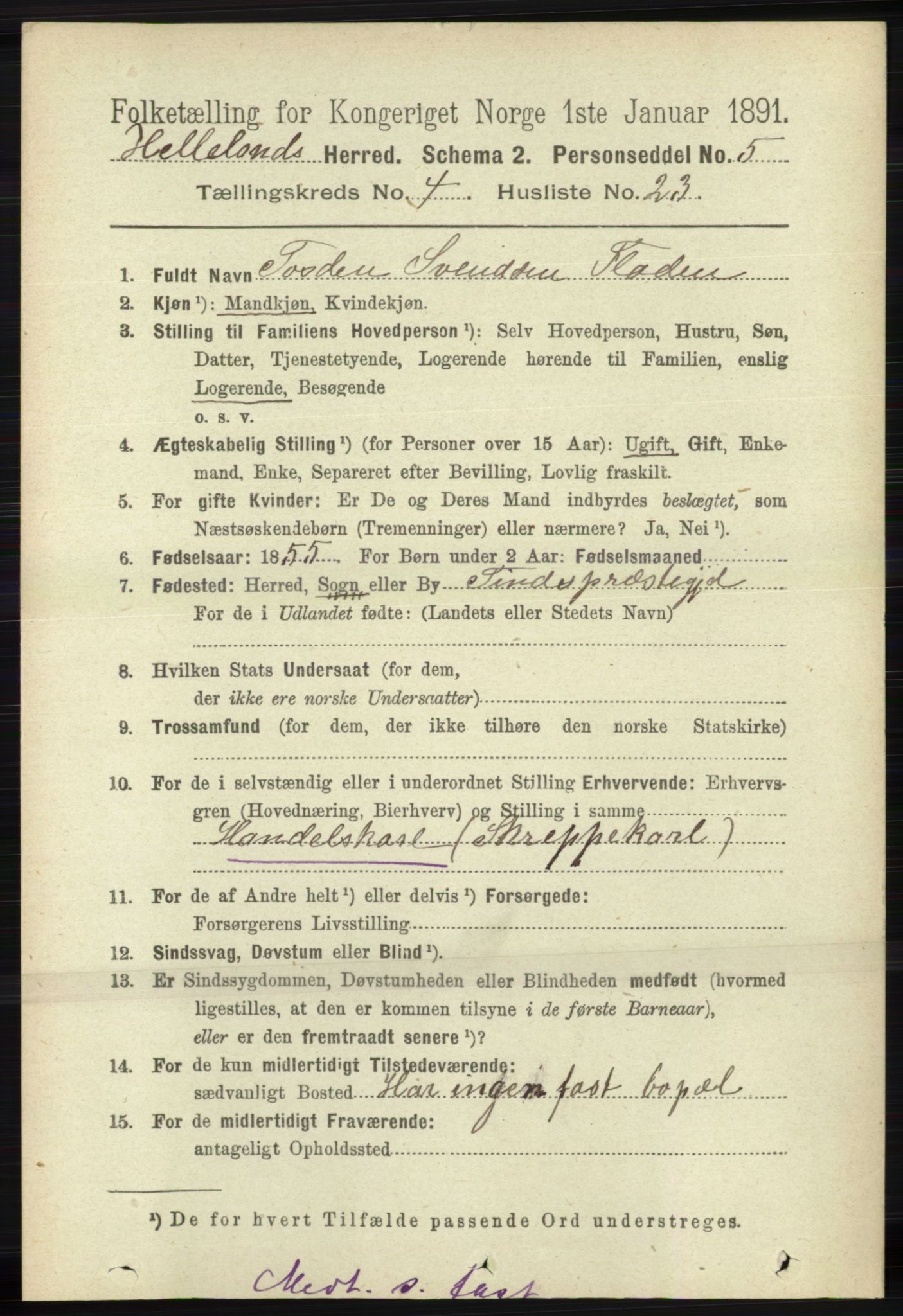 RA, 1891 census for 1115 Helleland, 1891, p. 1305
