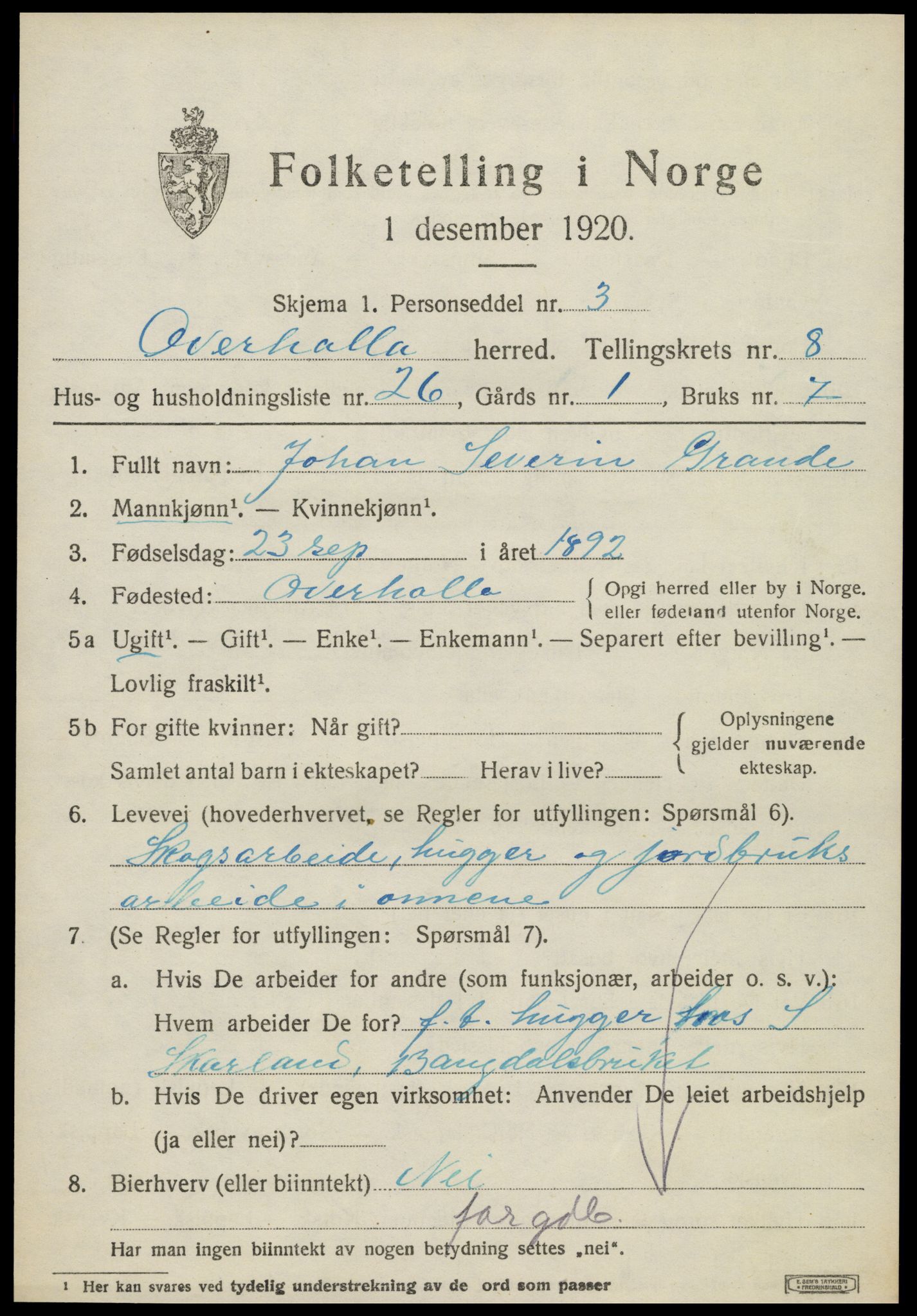 SAT, 1920 census for Overhalla, 1920, p. 5780