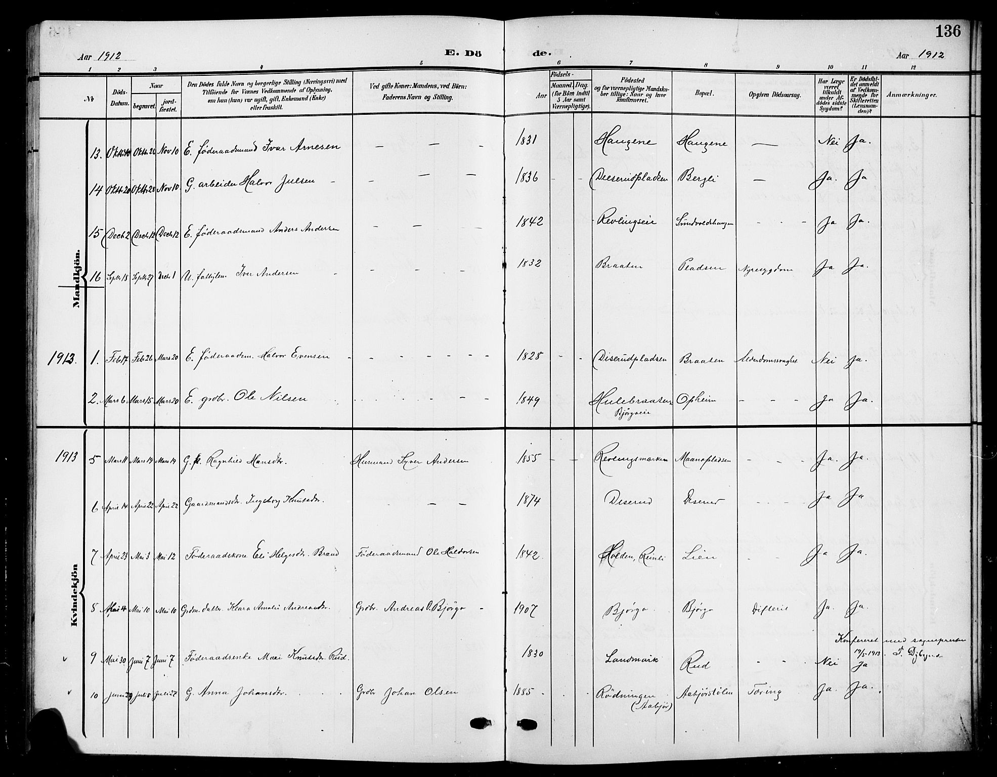 Nord-Aurdal prestekontor, SAH/PREST-132/H/Ha/Hab/L0012: Parish register (copy) no. 12, 1907-1920, p. 136