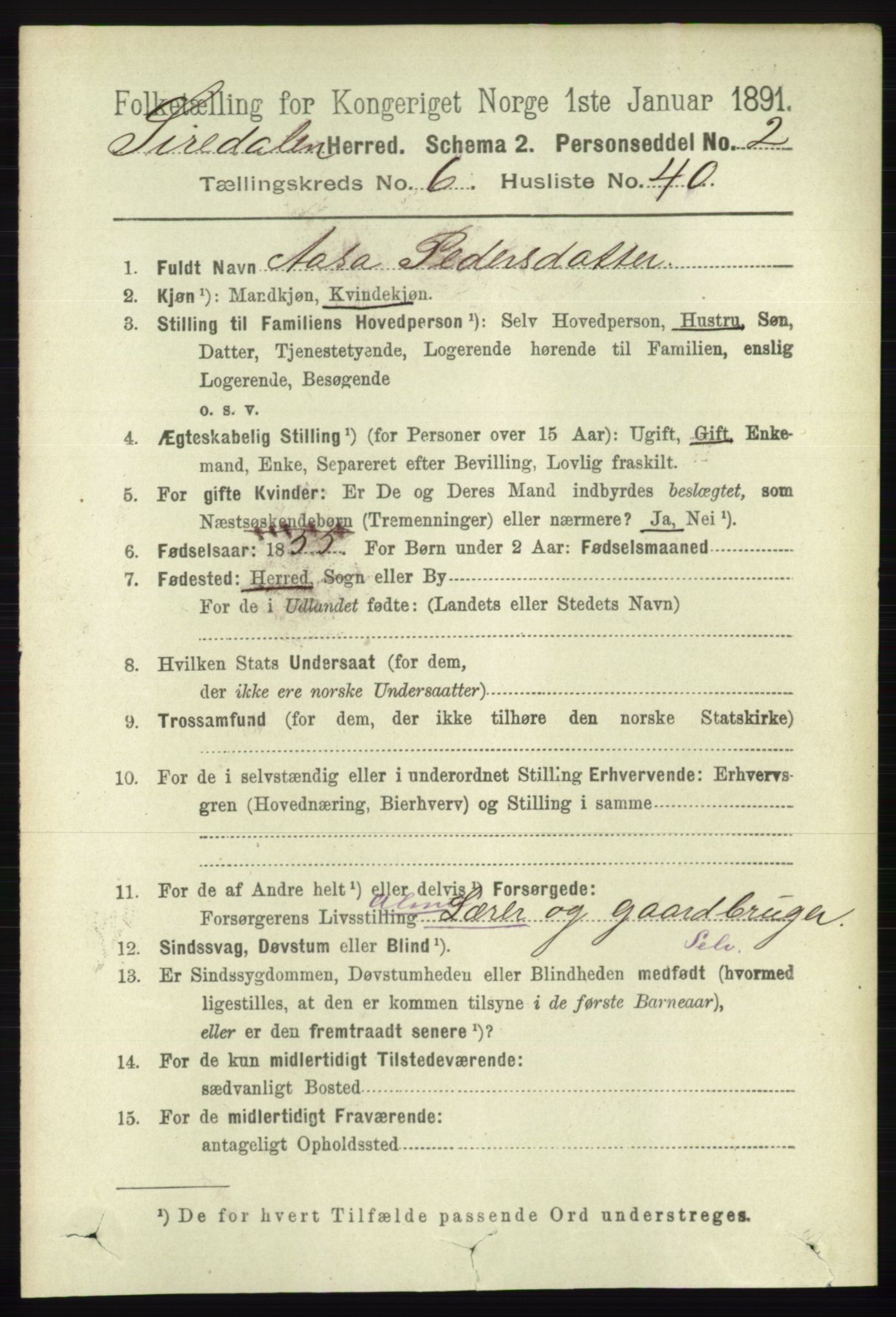 RA, 1891 census for 1046 Sirdal, 1891, p. 1909