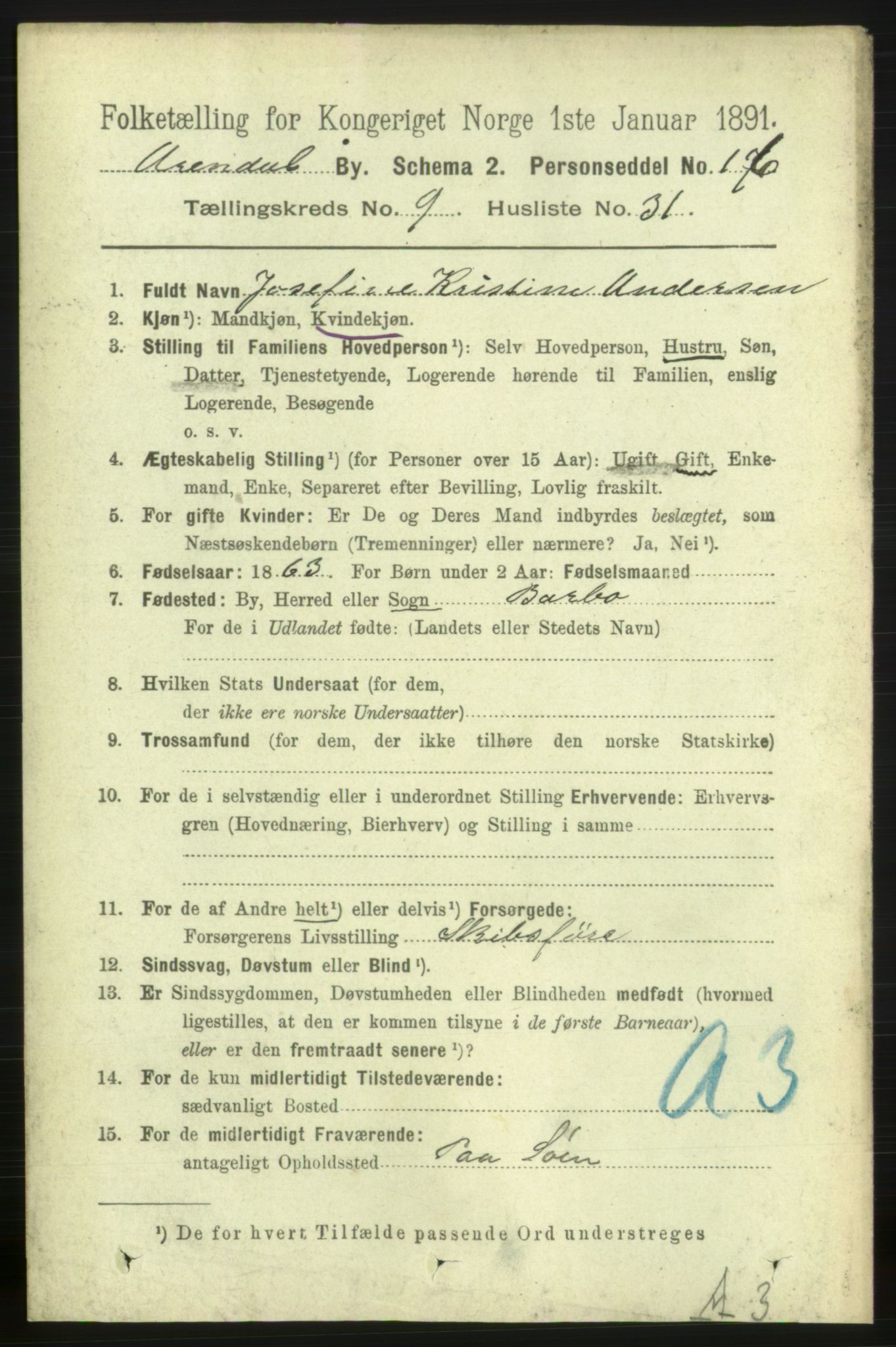 RA, 1891 census for 0903 Arendal, 1891, p. 3570