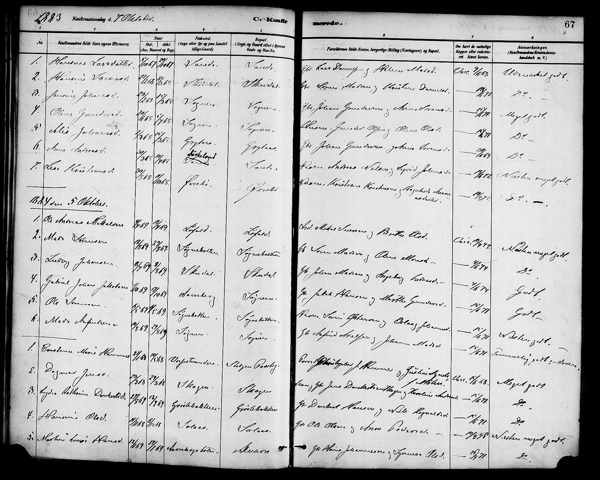 Gaular sokneprestembete, AV/SAB-A-80001/H/Haa: Parish register (official) no. B 1, 1882-1897, p. 67