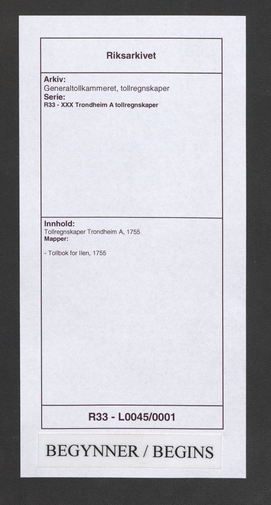 Generaltollkammeret, tollregnskaper, RA/EA-5490/R33/L0045/0001: Tollregnskaper Trondheim A / Tollbok for Ilen, 1755