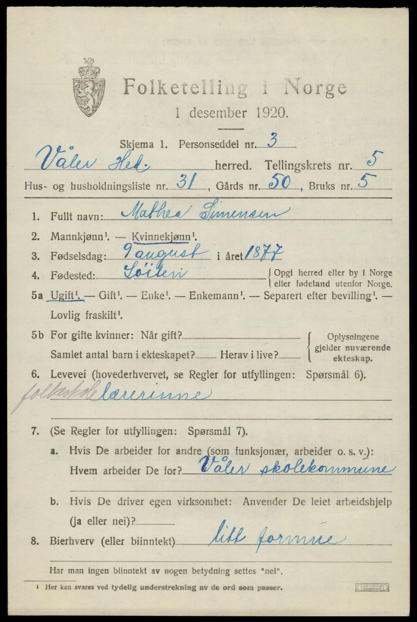 SAH, 1920 census for Våler (Hedmark), 1920, p. 5905