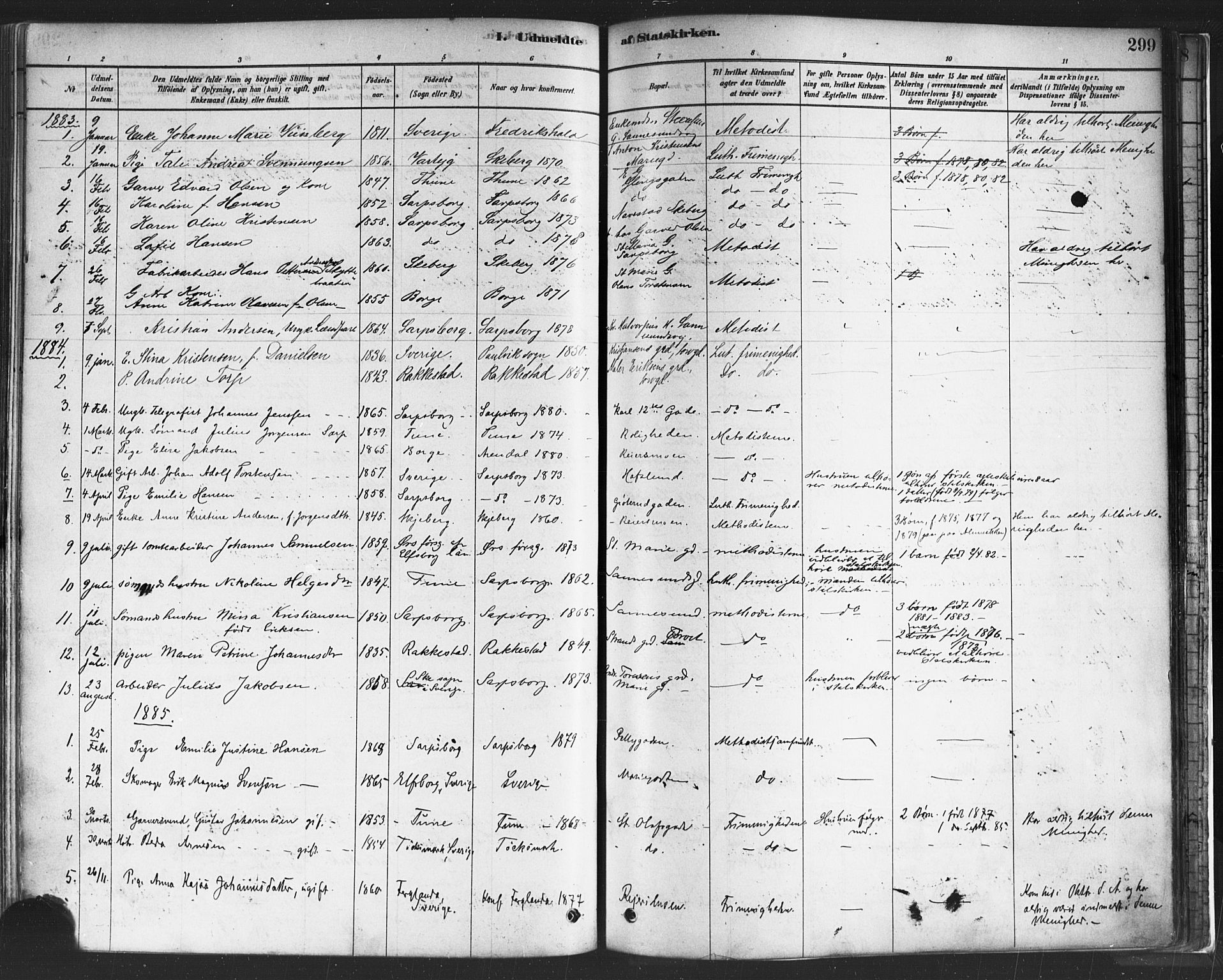 Sarpsborg prestekontor Kirkebøker, AV/SAO-A-2006/F/Fa/L0003: Parish register (official) no. 3, 1878-1891, p. 299