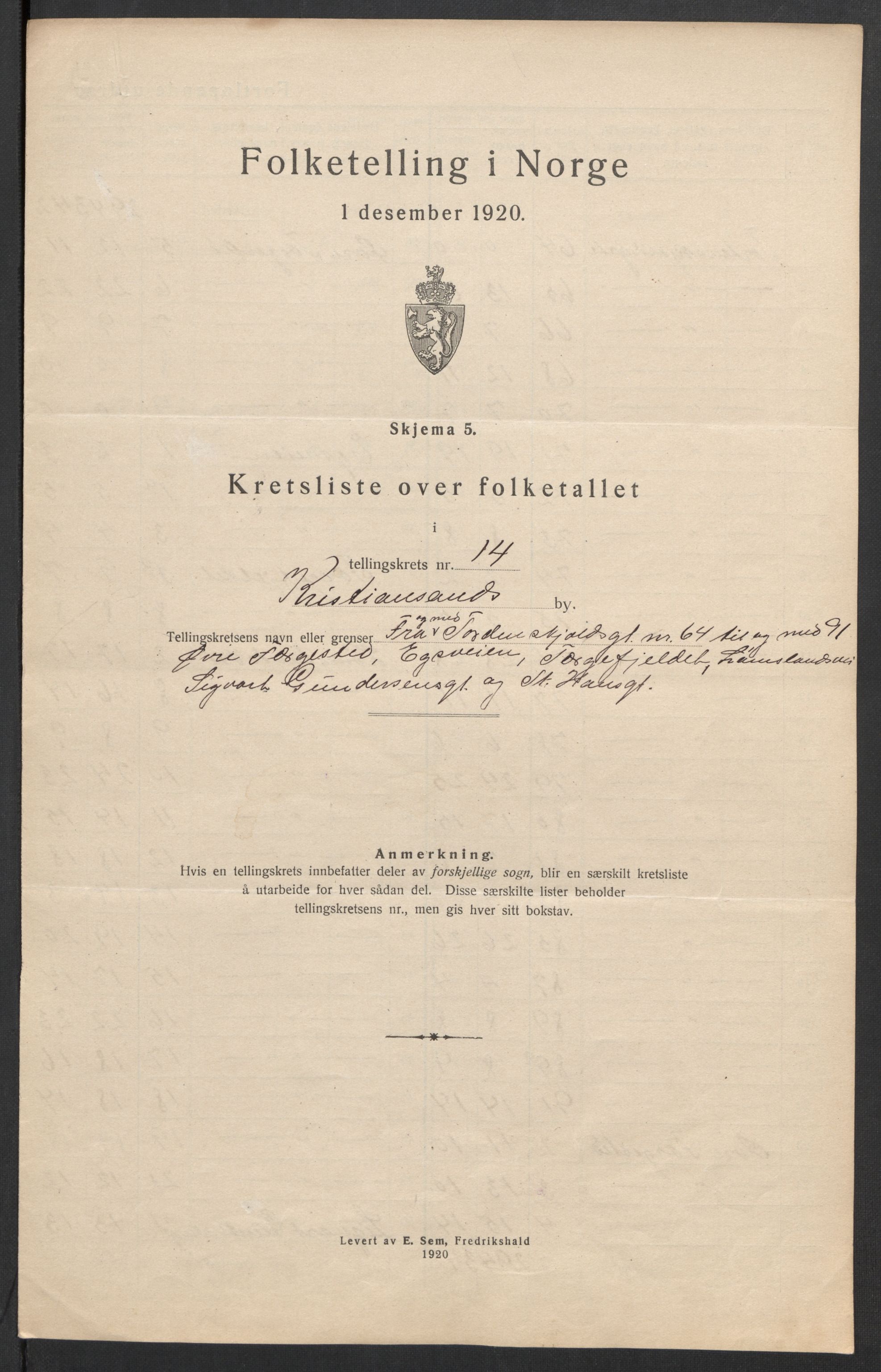 SAK, 1920 census for Kristiansand, 1920, p. 46