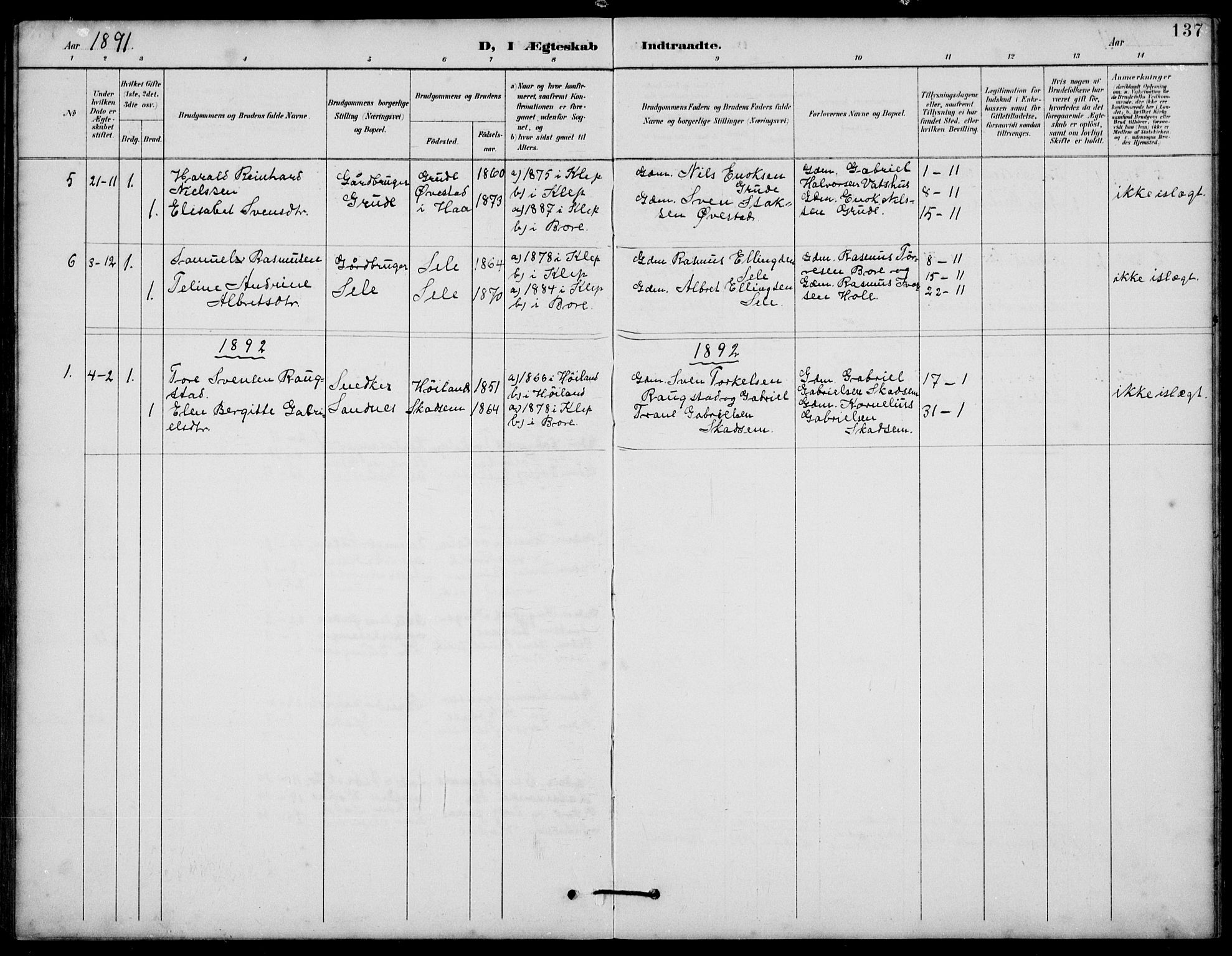 Klepp sokneprestkontor, AV/SAST-A-101803/001/3/30BB/L0006: Parish register (copy) no. B 6, 1889-1936, p. 137