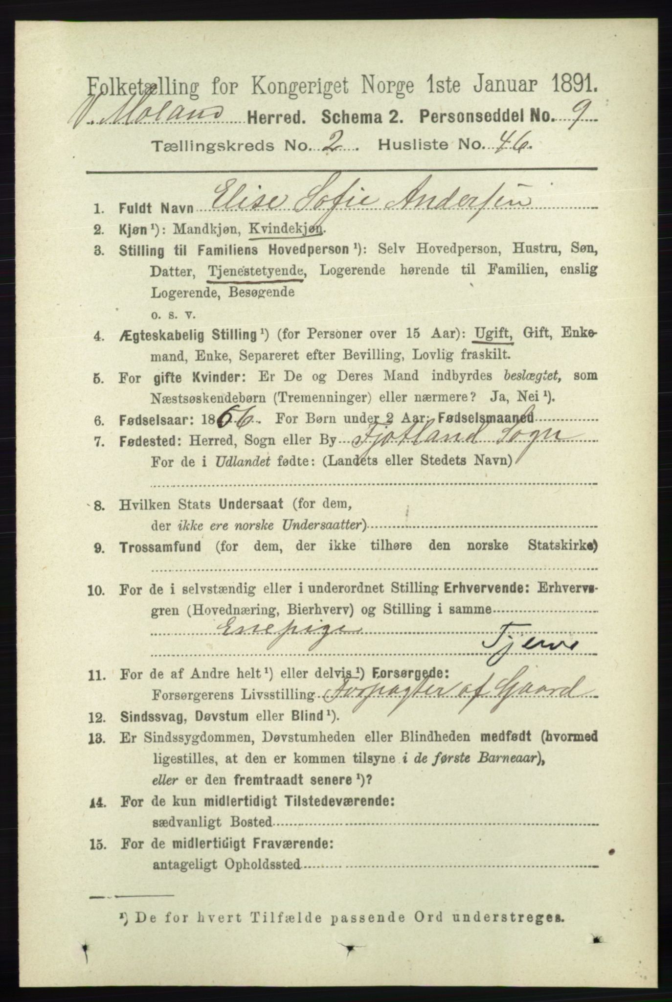 RA, 1891 census for 0926 Vestre Moland, 1891, p. 859
