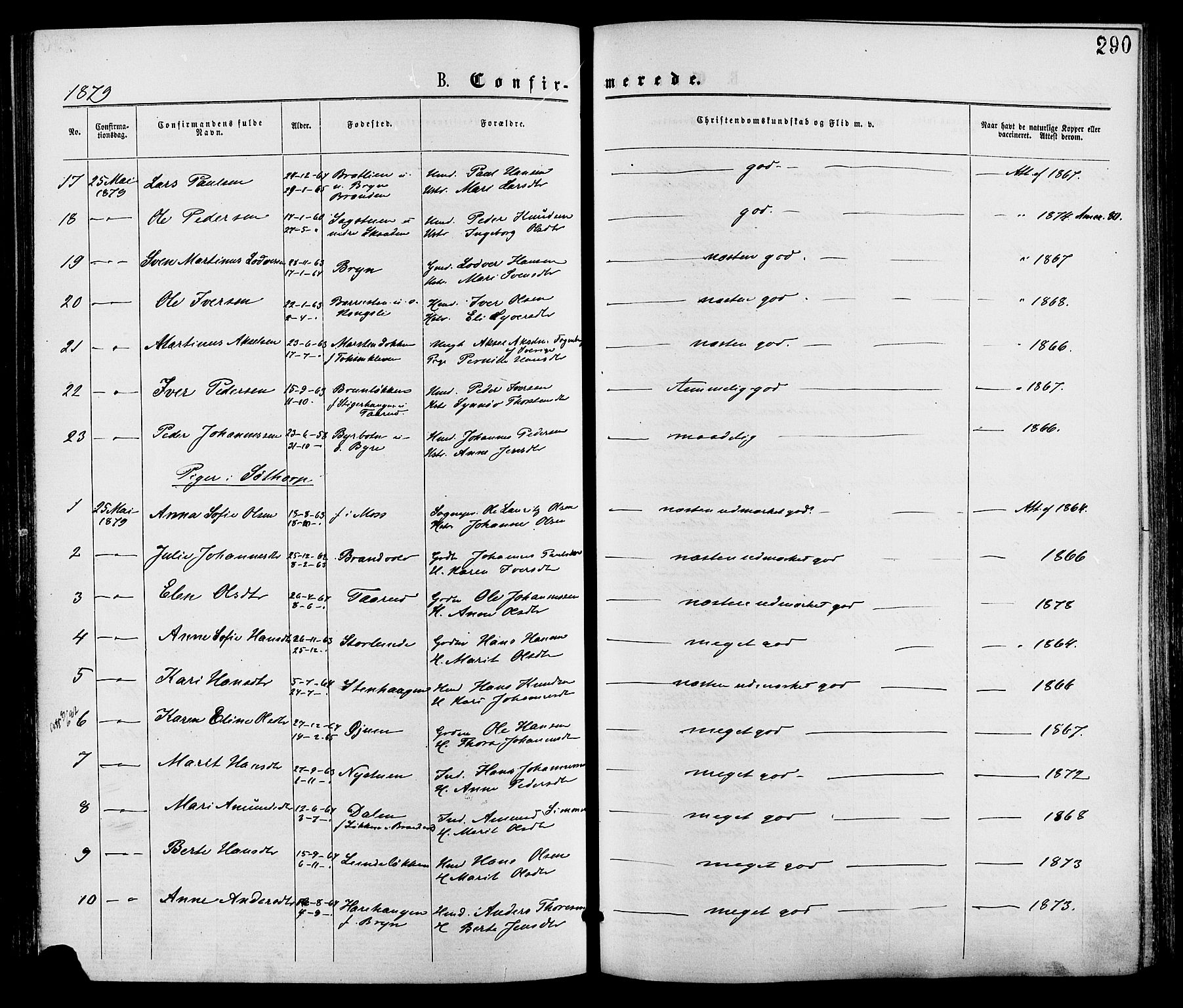 Nord-Fron prestekontor, SAH/PREST-080/H/Ha/Haa/L0002: Parish register (official) no. 2, 1865-1883, p. 290