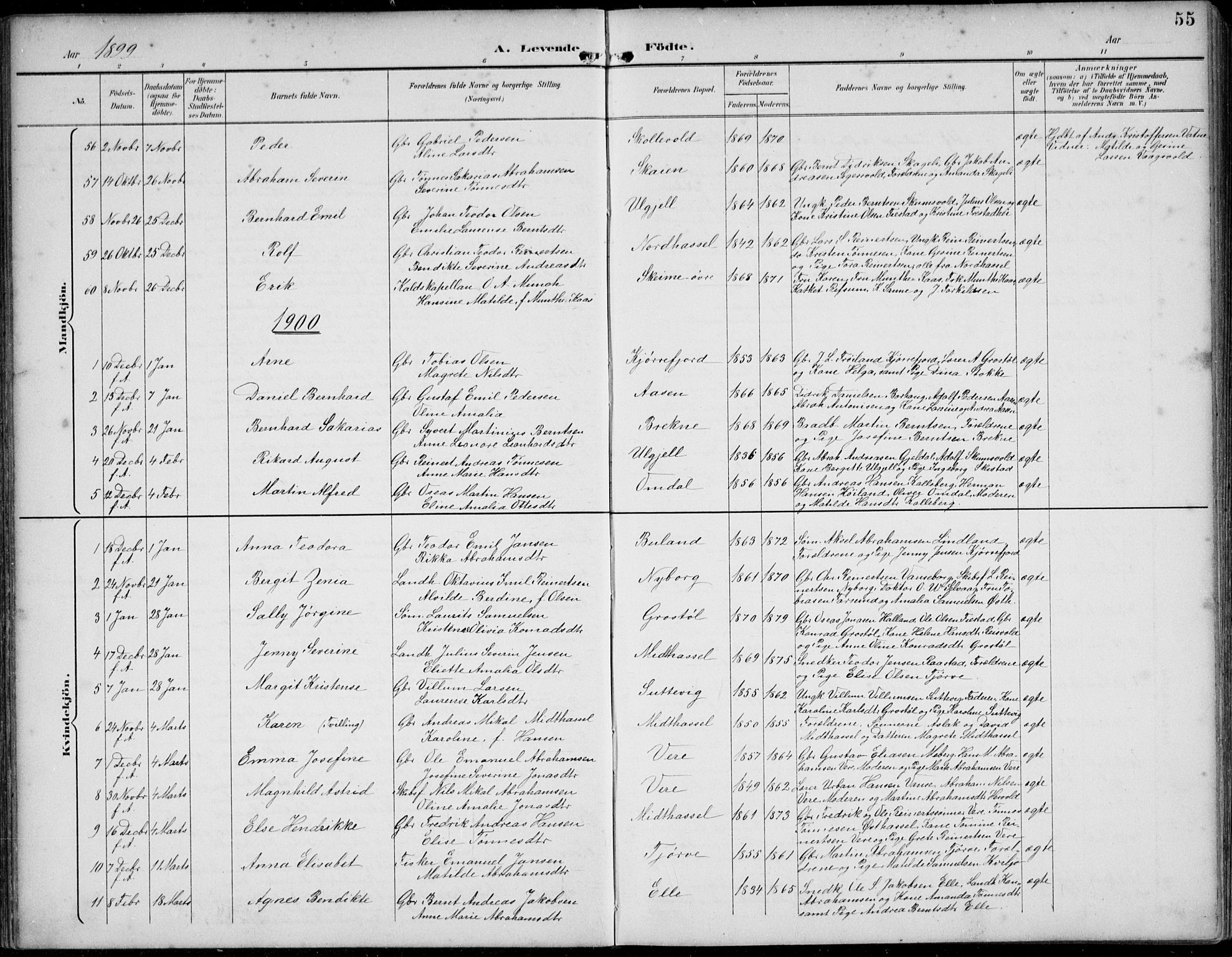 Lista sokneprestkontor, AV/SAK-1111-0027/F/Fb/L0005: Parish register (copy) no. B 5, 1892-1923, p. 55