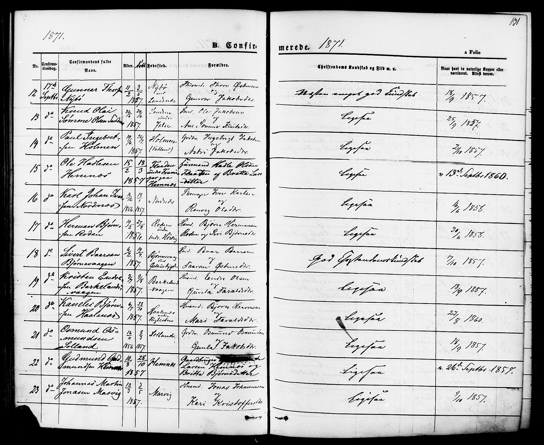 Jelsa sokneprestkontor, AV/SAST-A-101842/01/IV: Parish register (official) no. A 8, 1867-1883, p. 131