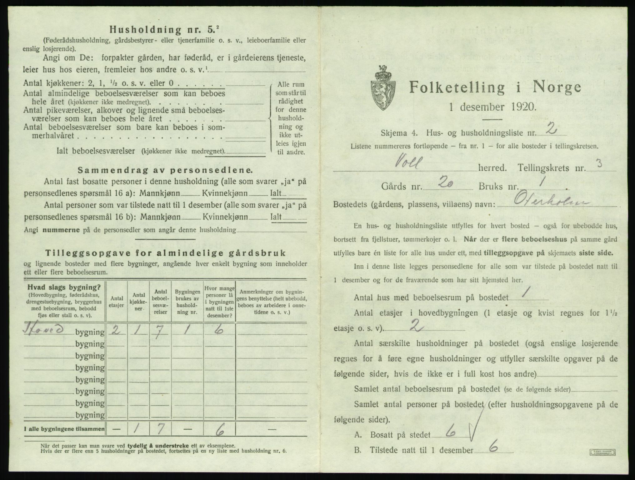 SAT, 1920 census for Voll, 1920, p. 171