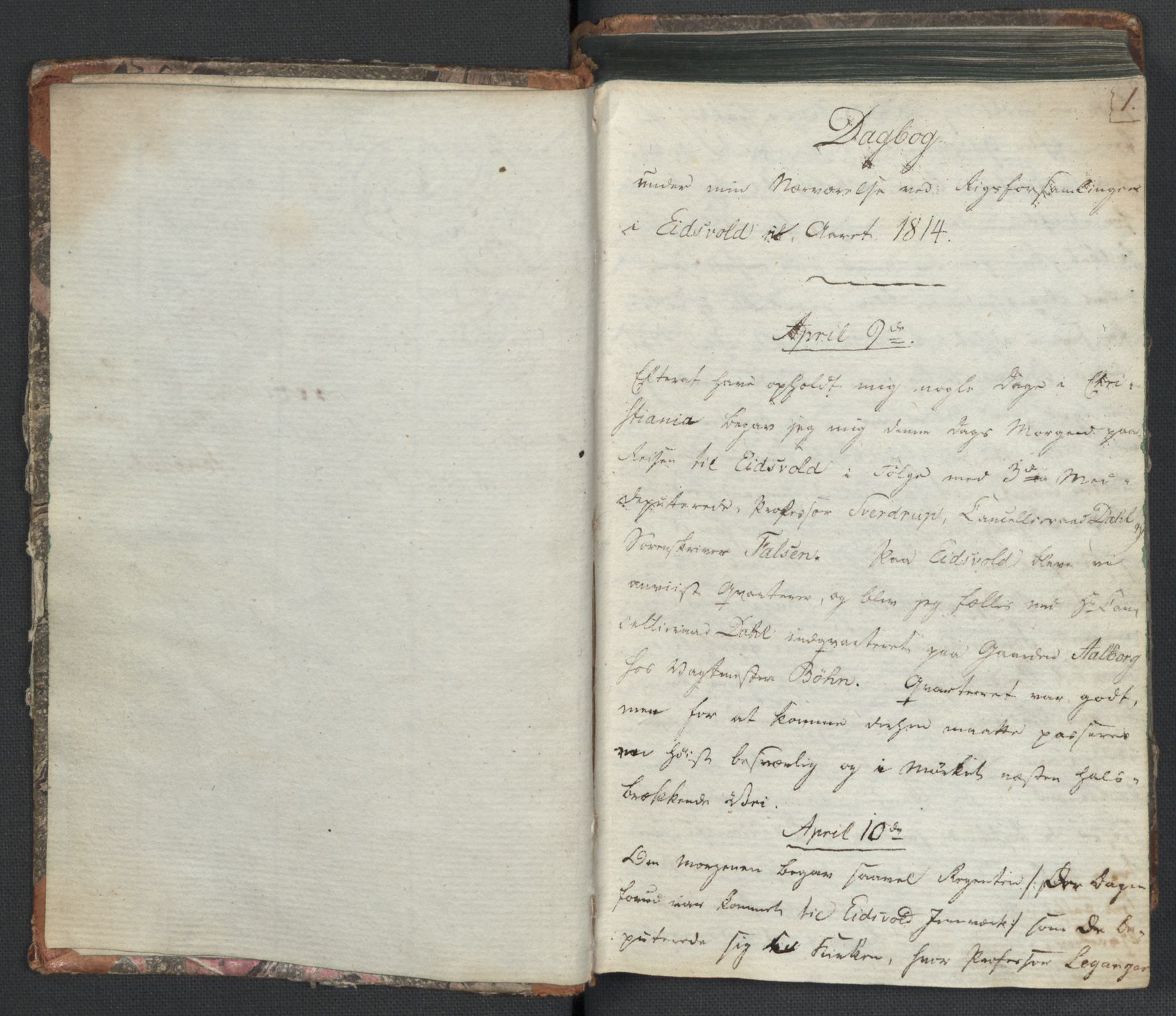 Manuskriptsamlingen, RA/EA-3667/H/L0021: Byfogd Gregers Winther Wulfbergs dagbok under Riksforsamlingen på Eidsvoll, 1814, p. 1