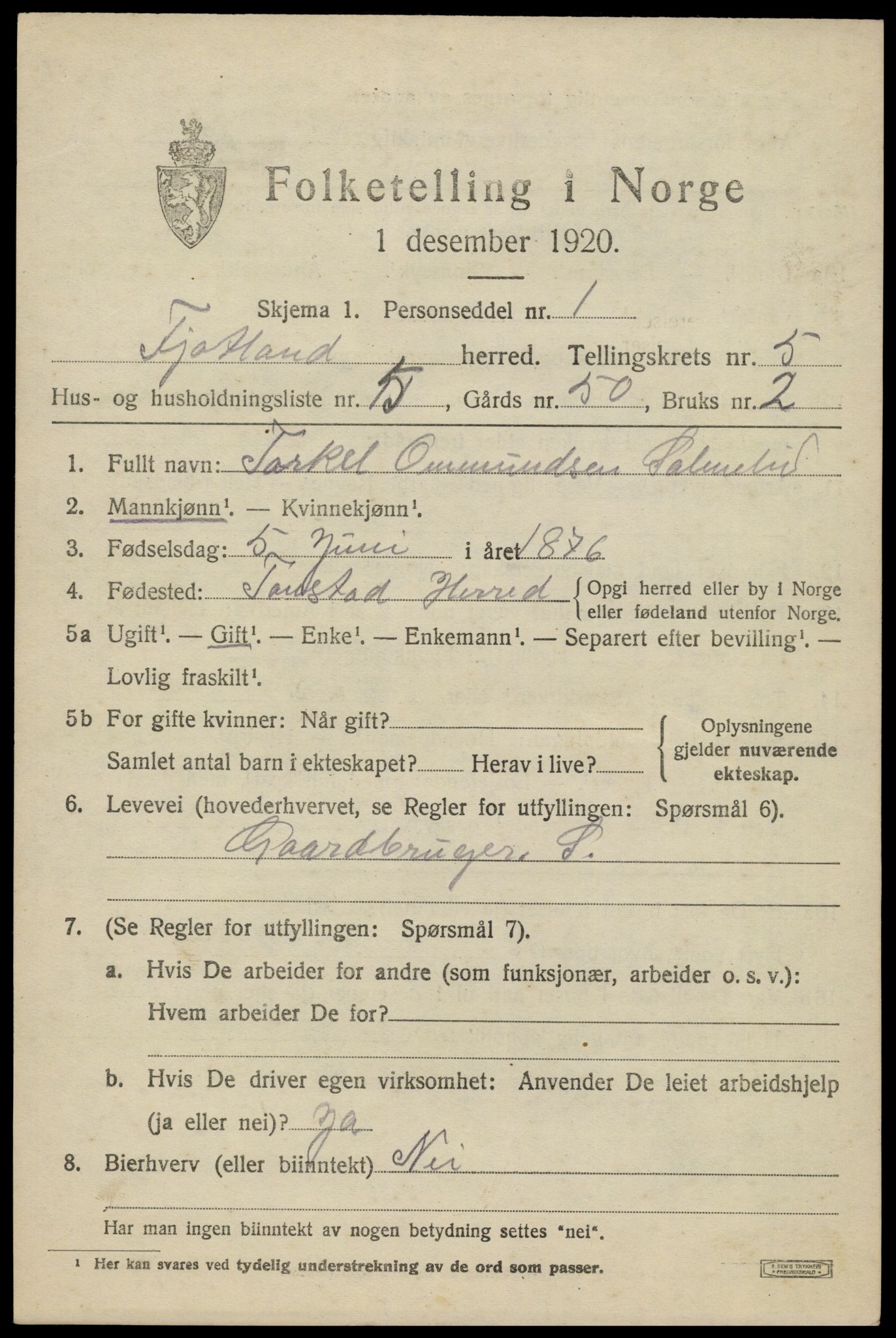 SAK, 1920 census for Fjotland, 1920, p. 1572