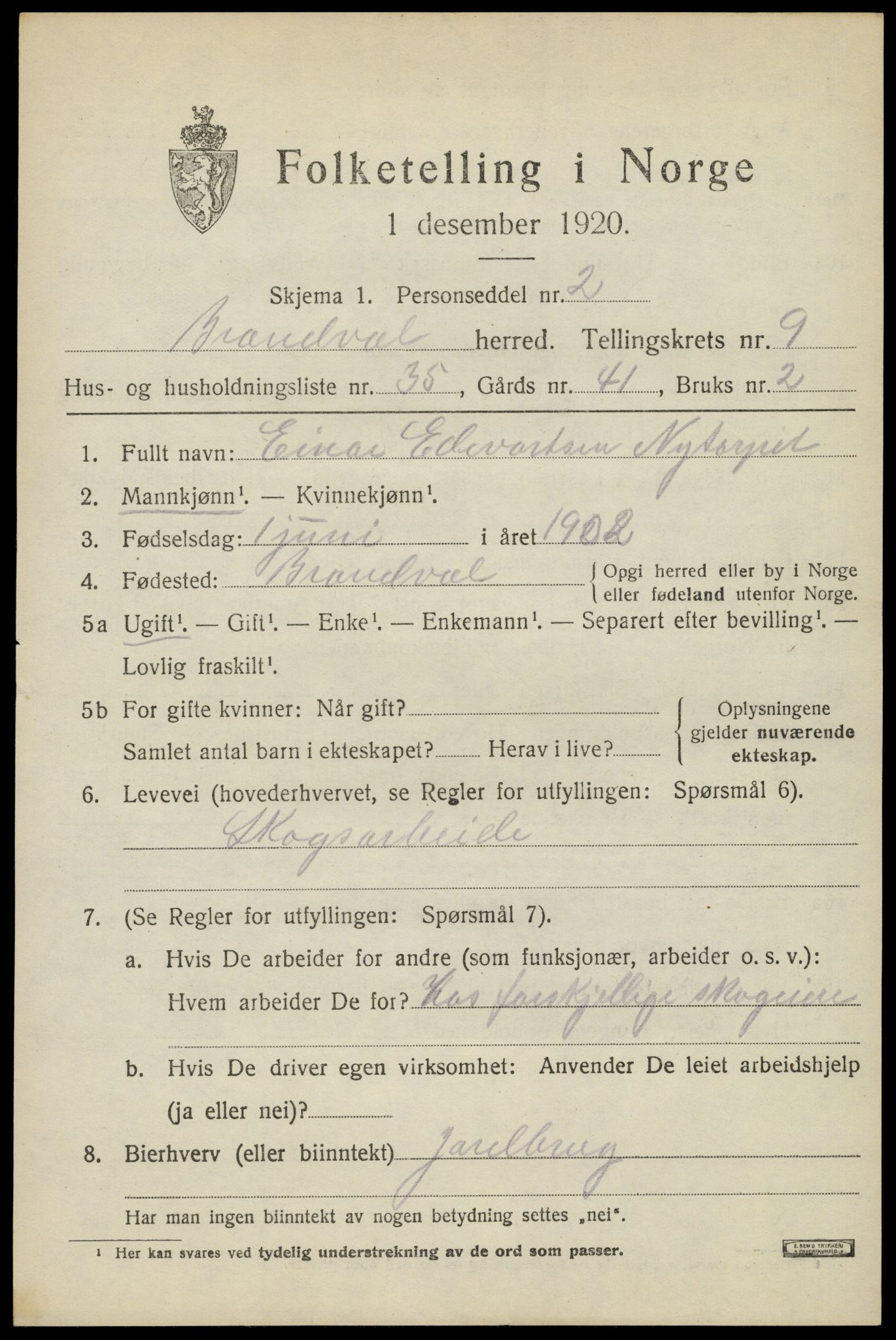 SAH, 1920 census for Brandval, 1920, p. 7748