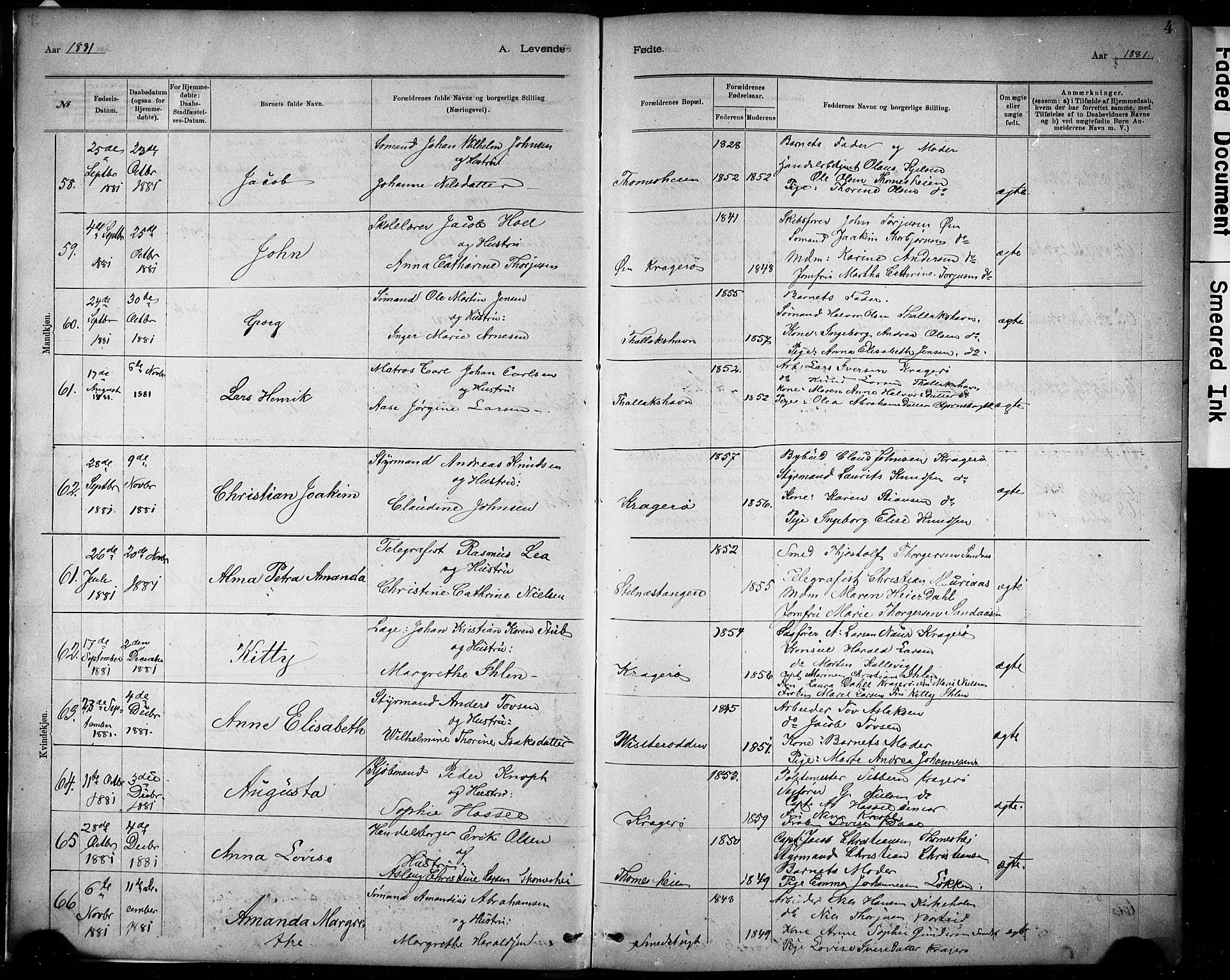 Kragerø kirkebøker, AV/SAKO-A-278/G/Ga/L0007: Parish register (copy) no. 7, 1881-1927, p. 4