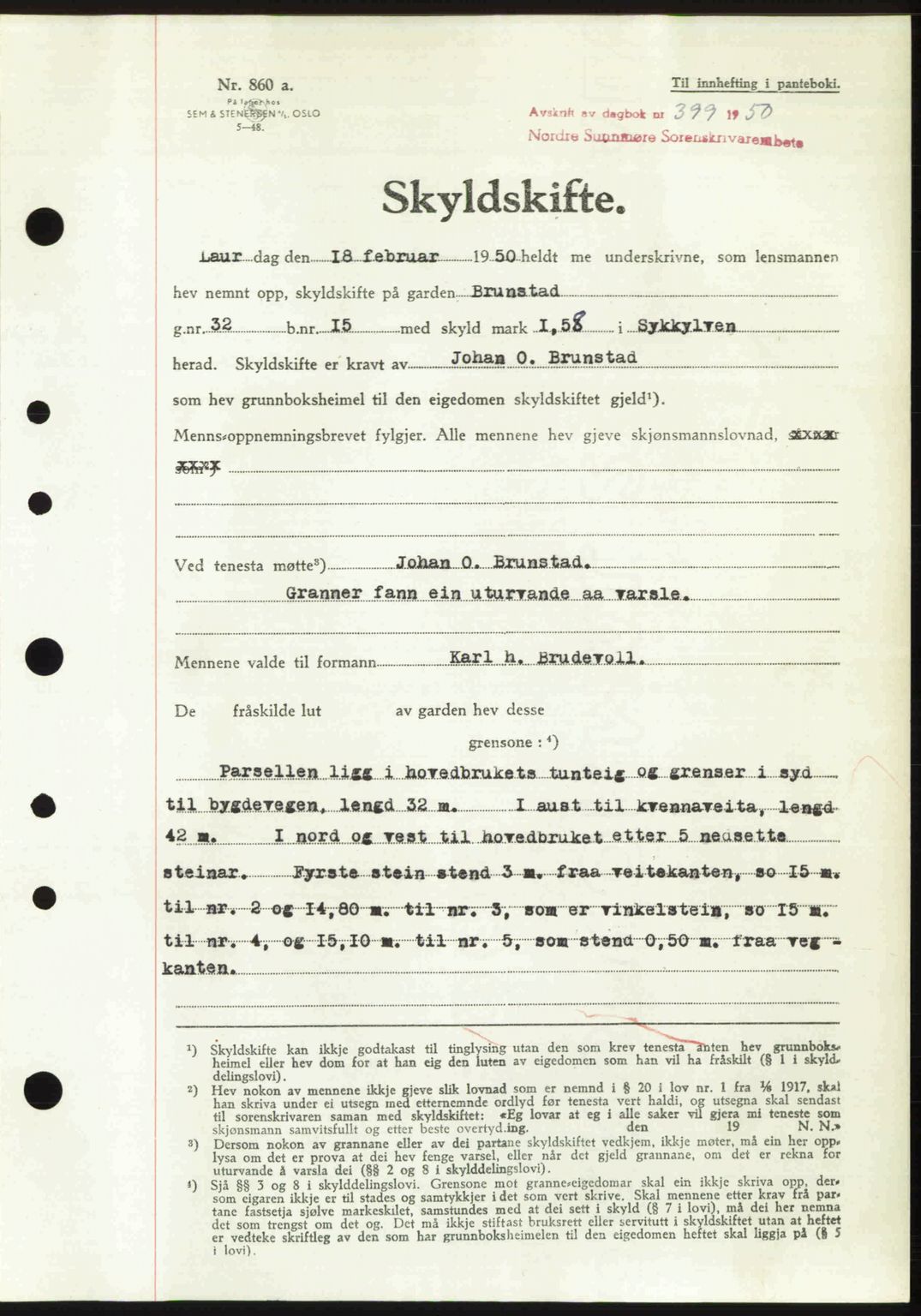 Nordre Sunnmøre sorenskriveri, AV/SAT-A-0006/1/2/2C/2Ca: Mortgage book no. A33, 1949-1950, Diary no: : 399/1950