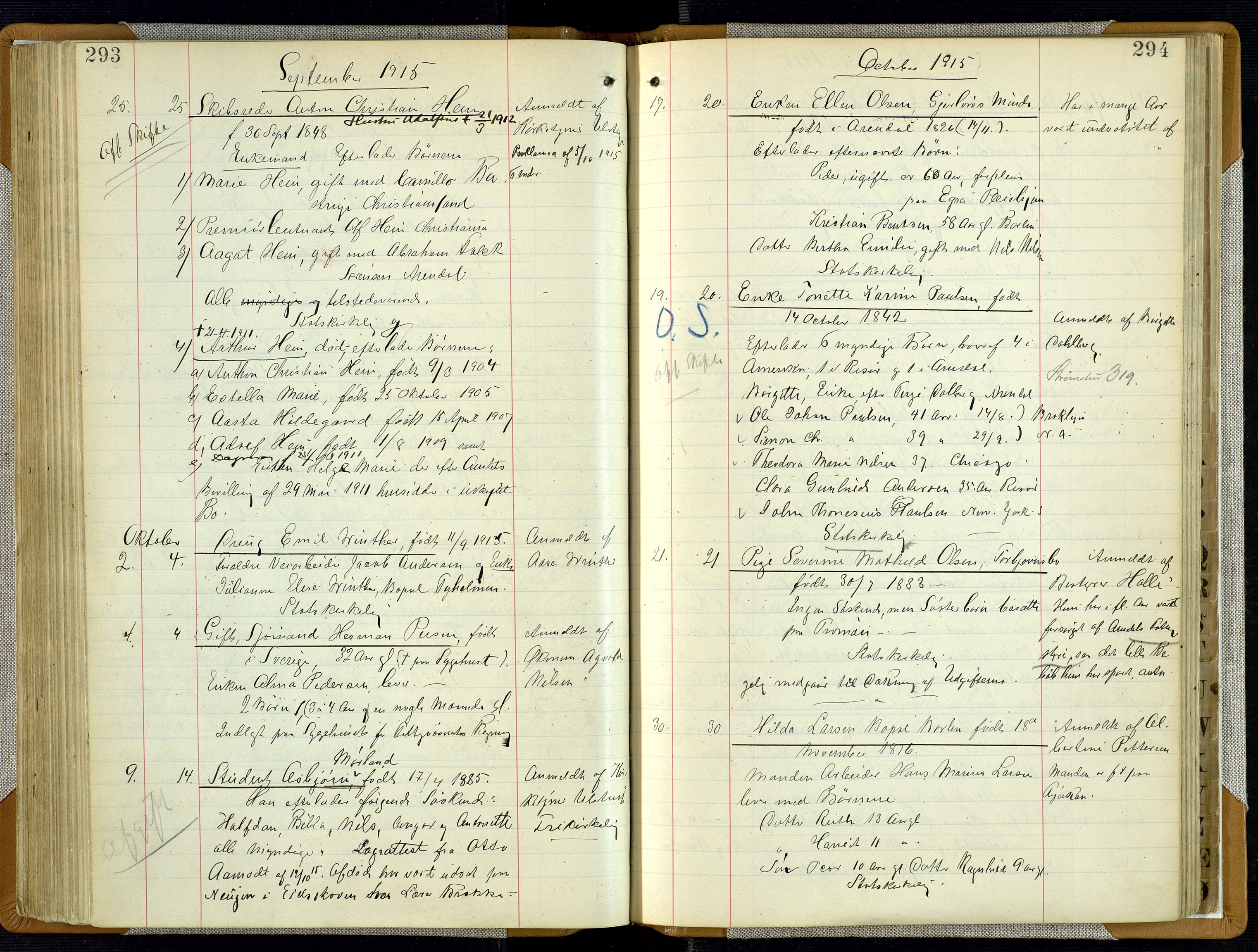 Arendal byfogd, AV/SAK-1222-0001/H/Ha/L0003: Dødsfallsprotokoll, 1908-1917, p. 293-294