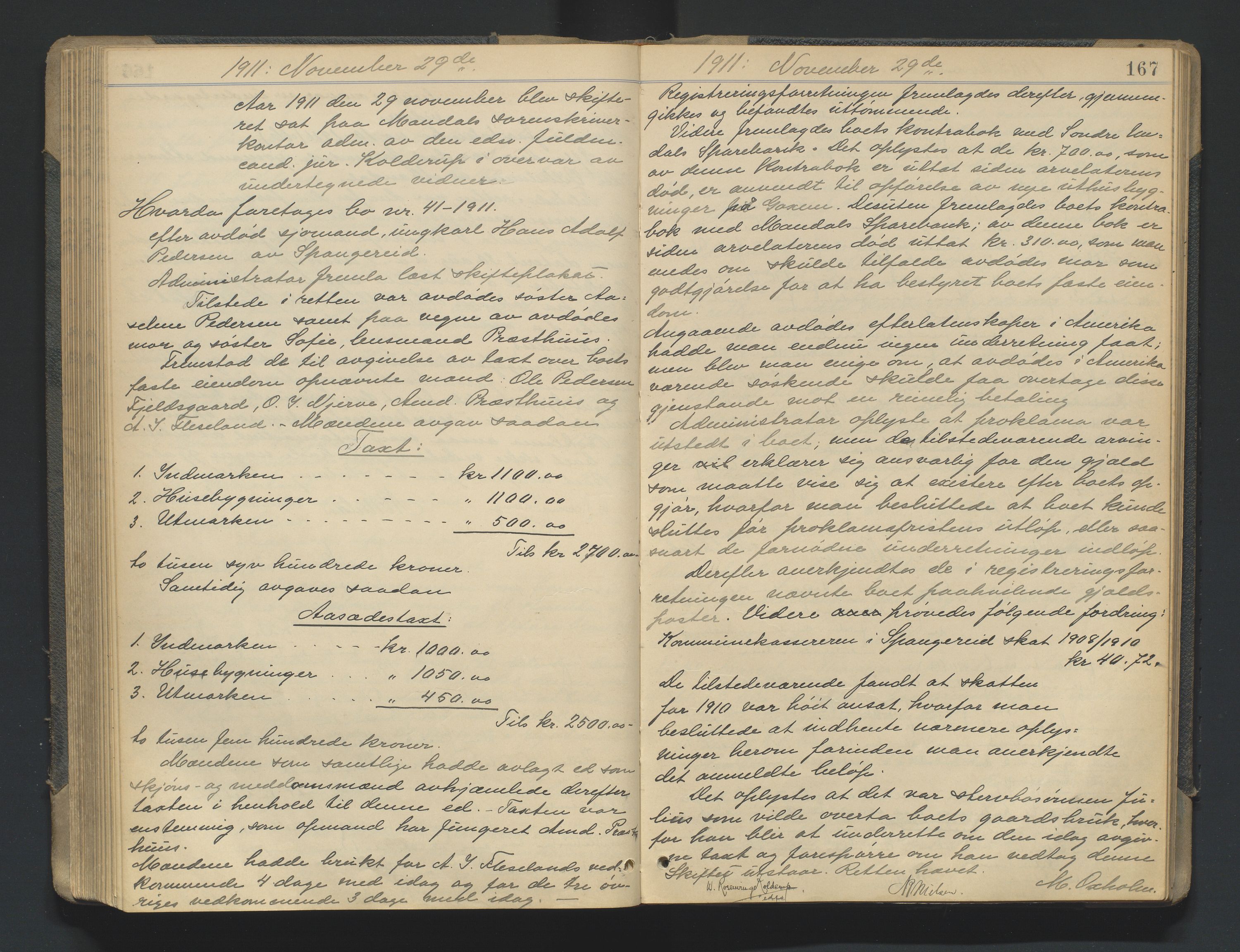 Mandal sorenskriveri, AV/SAK-1221-0005/001/H/Hc/L0081: Skifteforhandlingsprotokoll nr 13, 1909-1913, p. 167