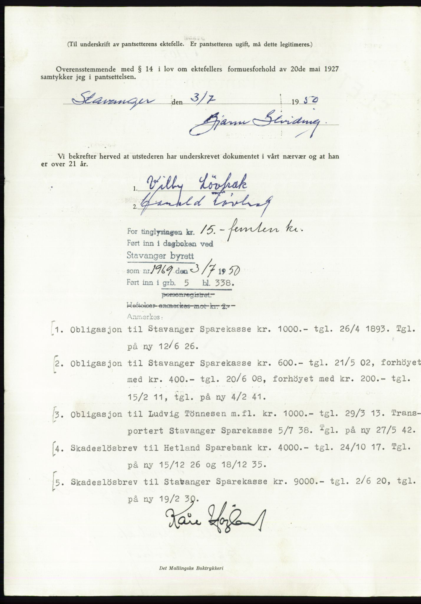 Stavanger byrett, AV/SAST-A-100455/002/G/Gb/L0032: Mortgage book, 1947-1950, Diary no: : 1969/1950