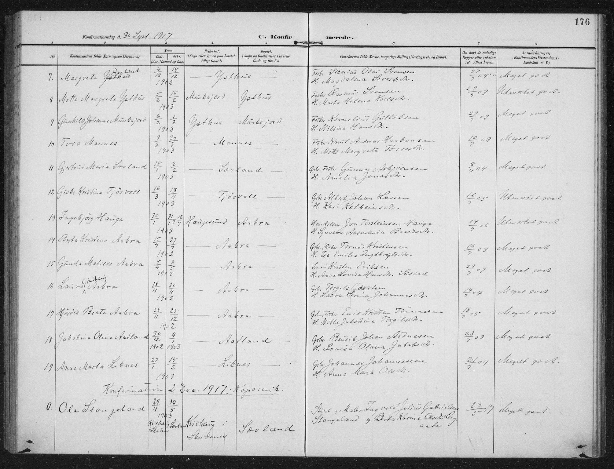 Kopervik sokneprestkontor, SAST/A-101850/H/Ha/Haa/L0005: Parish register (official) no. A 5, 1906-1924, p. 176