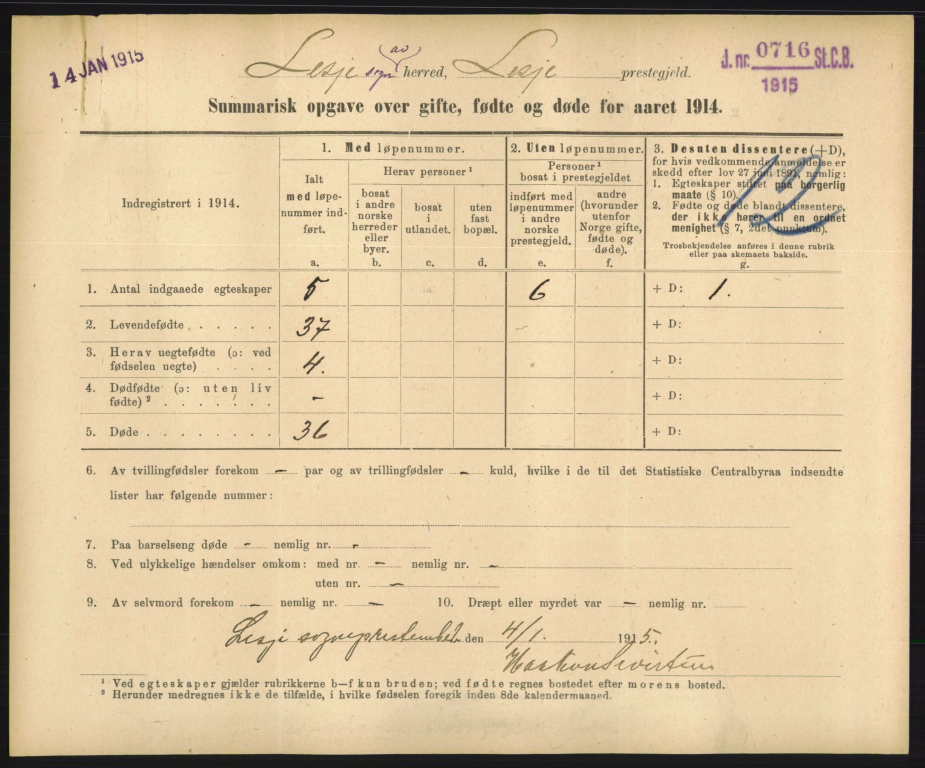 Statistisk sentralbyrå, Sosiodemografiske emner, Befolkning, RA/S-2228/D/Df/Dfb/Dfbd/L0049: Summariske oppgaver over gifte, døde og fødte for hele landet., 1914, p. 275