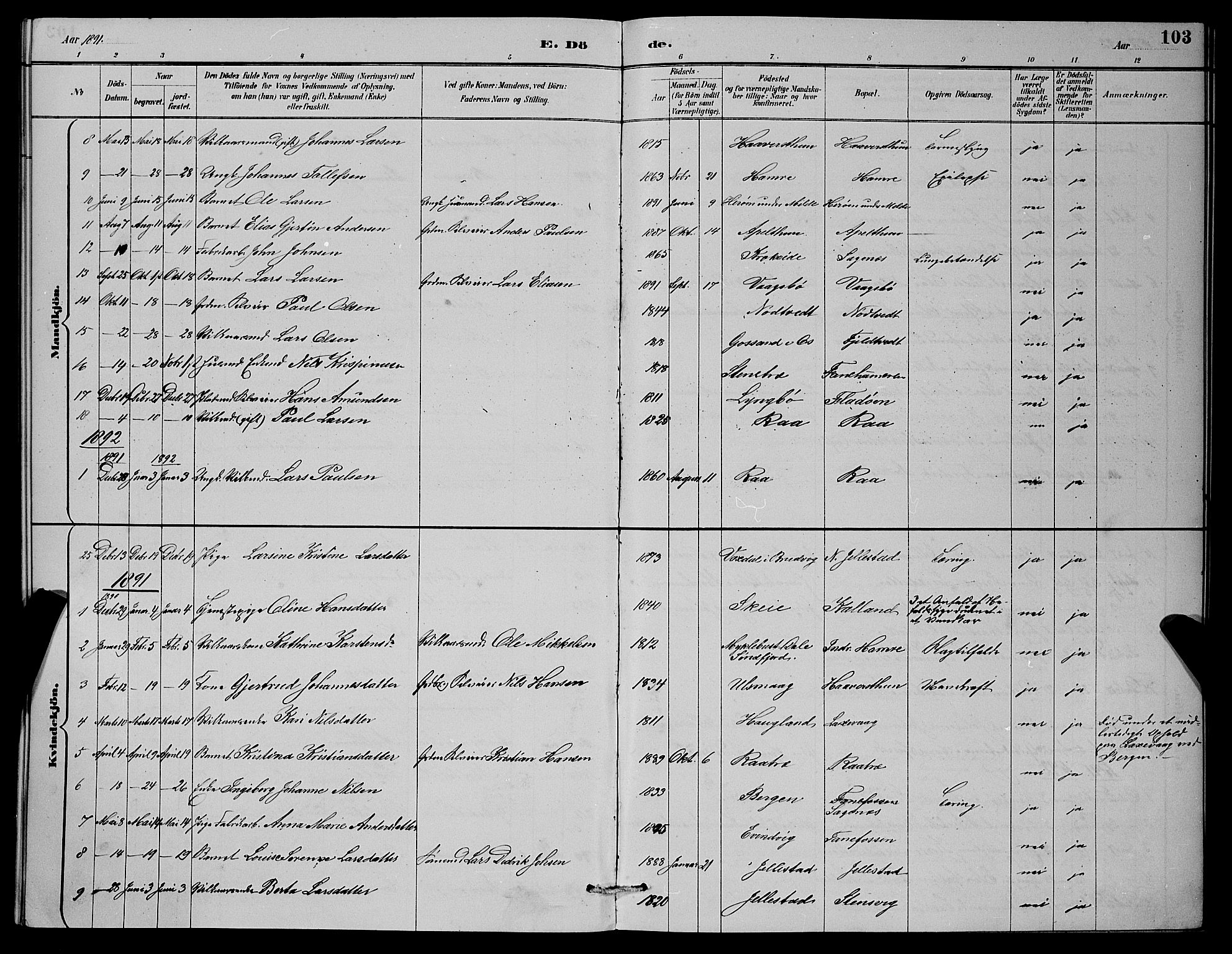 Fana Sokneprestembete, AV/SAB-A-75101/H/Hab/Haba/L0002: Parish register (copy) no. A 2, 1889-1895, p. 103