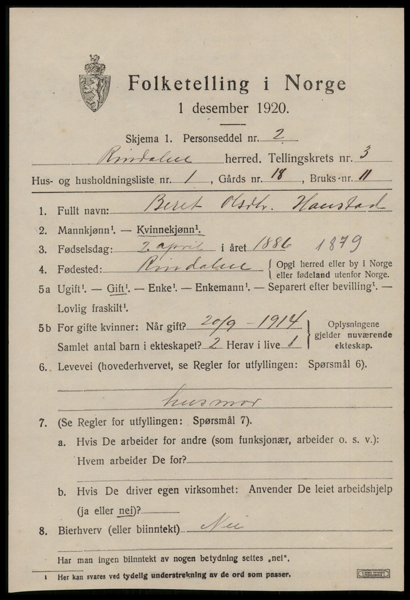 SAT, 1920 census for Rindal, 1920, p. 1606