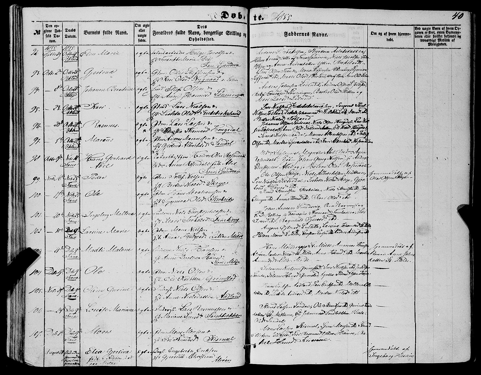 Fana Sokneprestembete, AV/SAB-A-75101/H/Haa/Haaa/L0011: Parish register (official) no. A 11, 1851-1862, p. 40