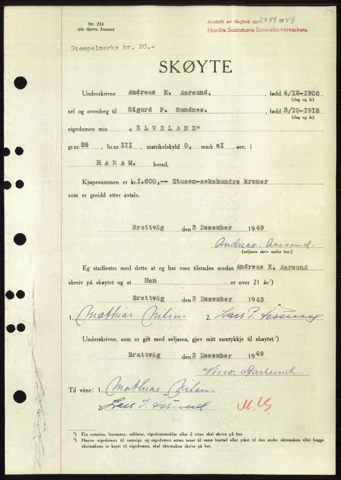 Nordre Sunnmøre sorenskriveri, AV/SAT-A-0006/1/2/2C/2Ca: Mortgage book no. A33, 1949-1950, Diary no: : 2999/1949