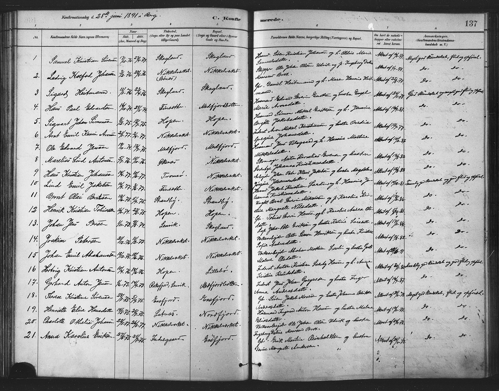 Berg sokneprestkontor, SATØ/S-1318/G/Ga/Gaa/L0004kirke: Parish register (official) no. 4, 1880-1894, p. 137